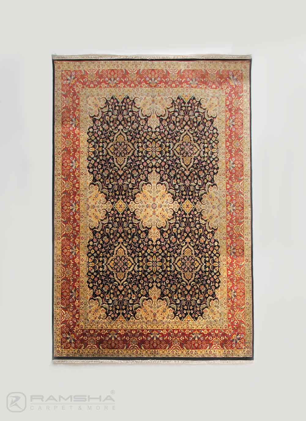 The RAMSHA HOME Persian Design Area Rug - HKW-06 is a hand-knotted rectangular rug with intricate black, gold, and red floral and geometric patterns and a wide decorative red border, shown on a plain white background.