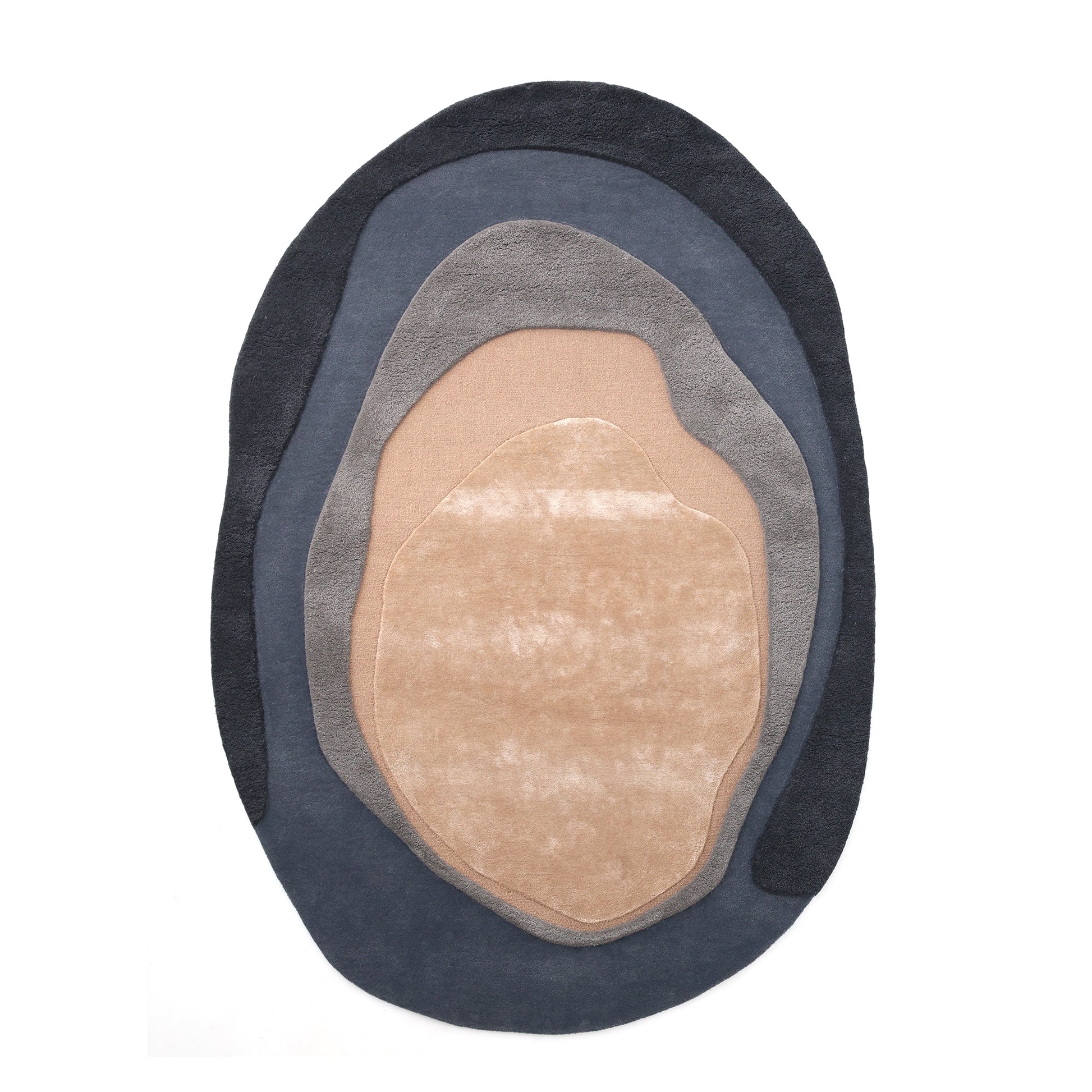 The RAMSHA HOME Oval Shape Home Decor Multi Color Rug HTWV-90 is a modern, hand-tufted wool rug with abstract layered rings in beige and dark blue, resembling a geode cross-section—perfect for adding eye-catching style to any space.