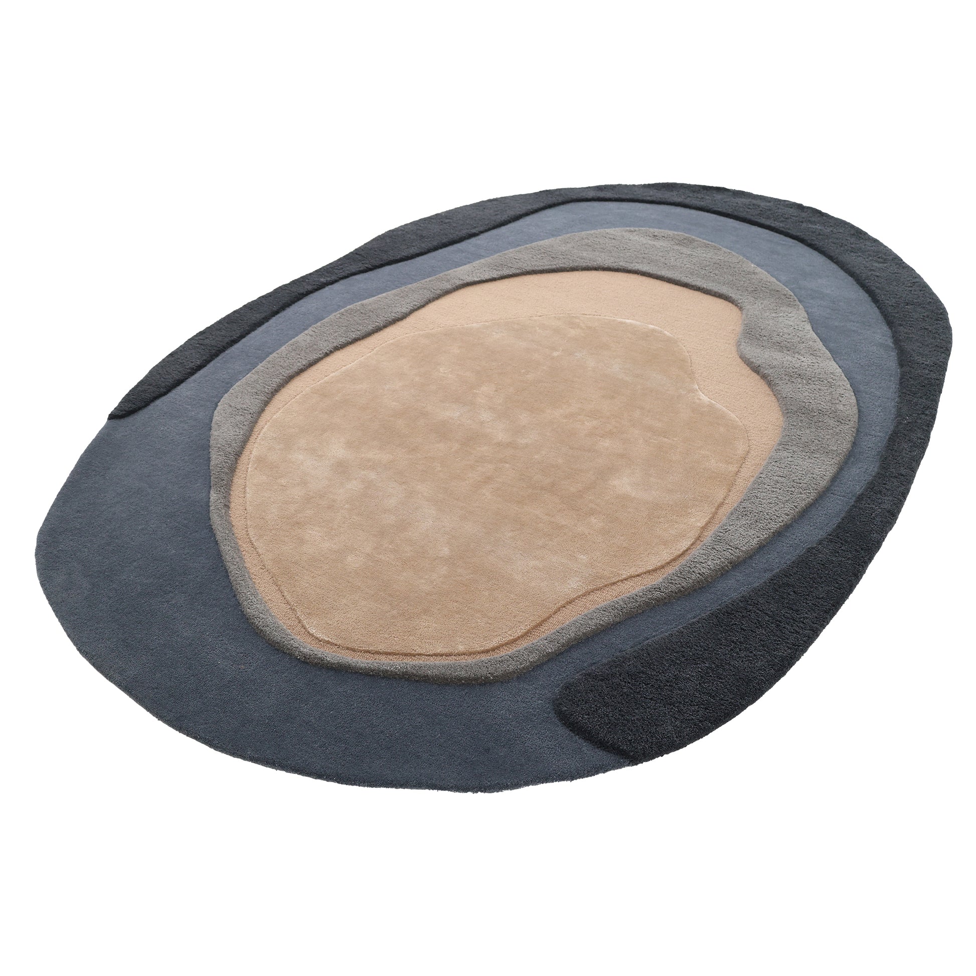 The RAMSHA HOME Oval Shape Home Decor Multi Color Rug HTWV-90 features layered, irregular concentric patterns in beige, gray, and dark blue for a modern, abstract look.