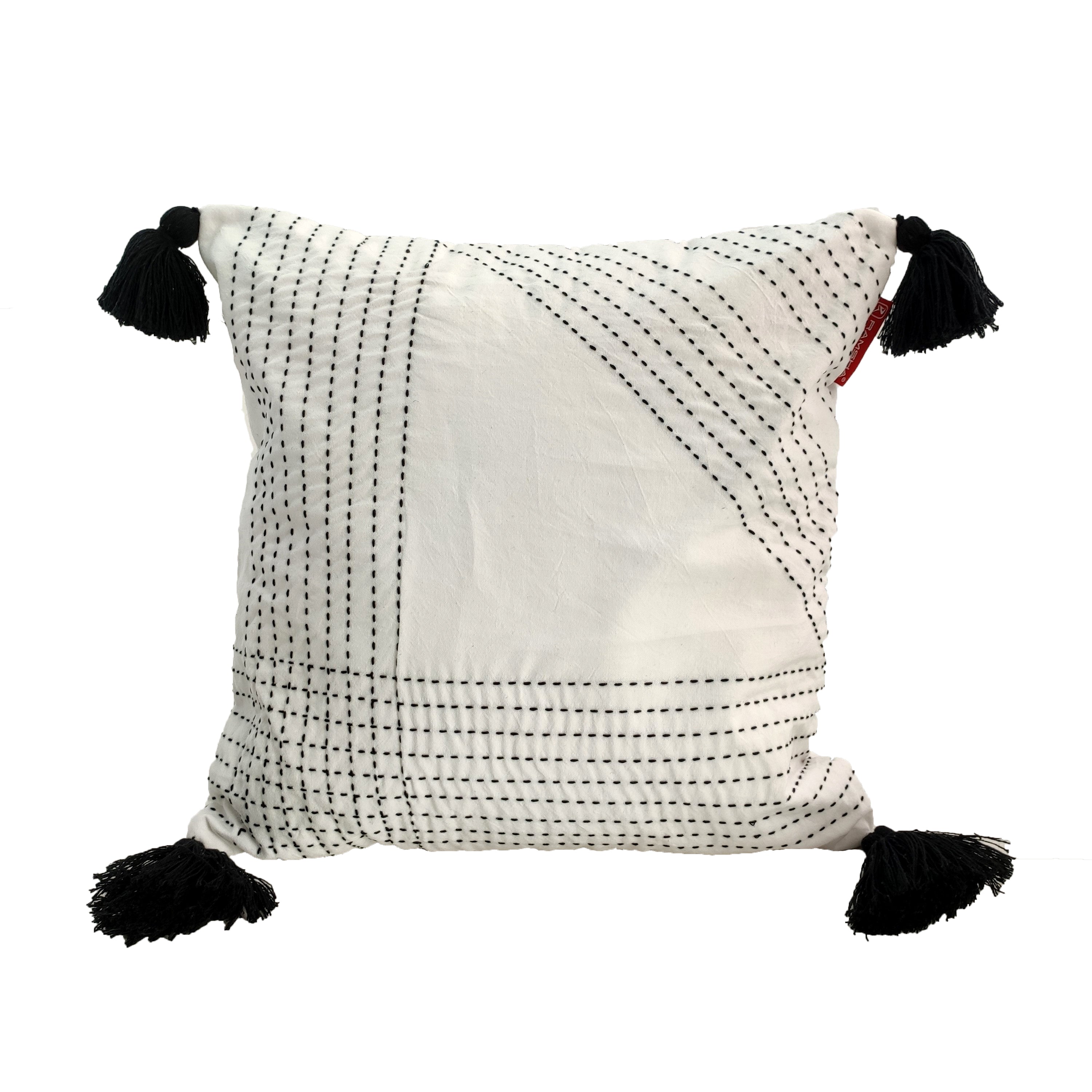 The Embroidery White And Black Cotton Cushion With Tassel CS-190 by RAMSHA HOME features a geometric black dashed design and tassels on each corner—ideal for enhancing your home décor.