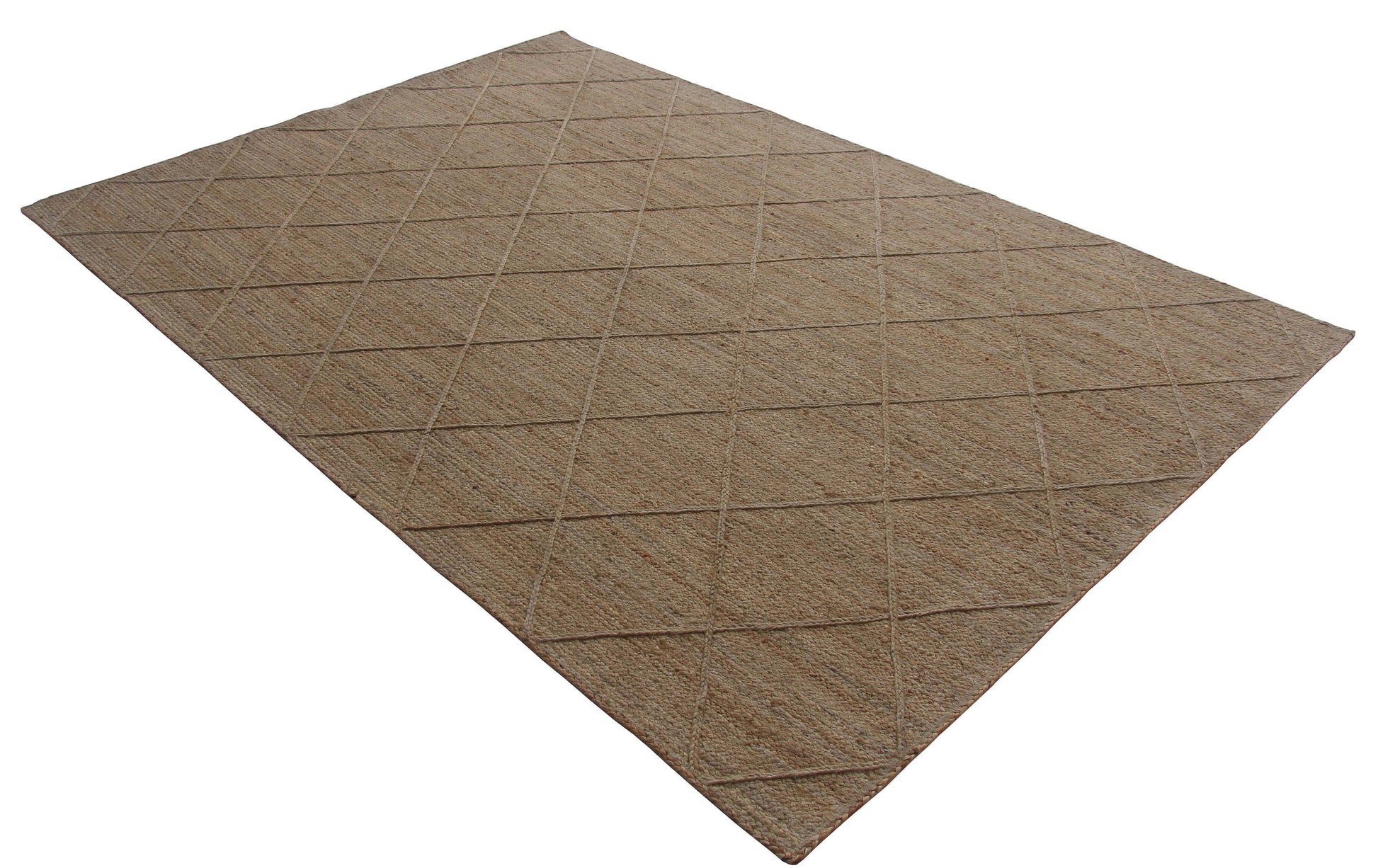 The RAMSHA HOME Natural Handmade Jute Braided Rug - BR 073 is a rectangular, tan-colored rug with a subtle diamond pattern, shown on a white background.