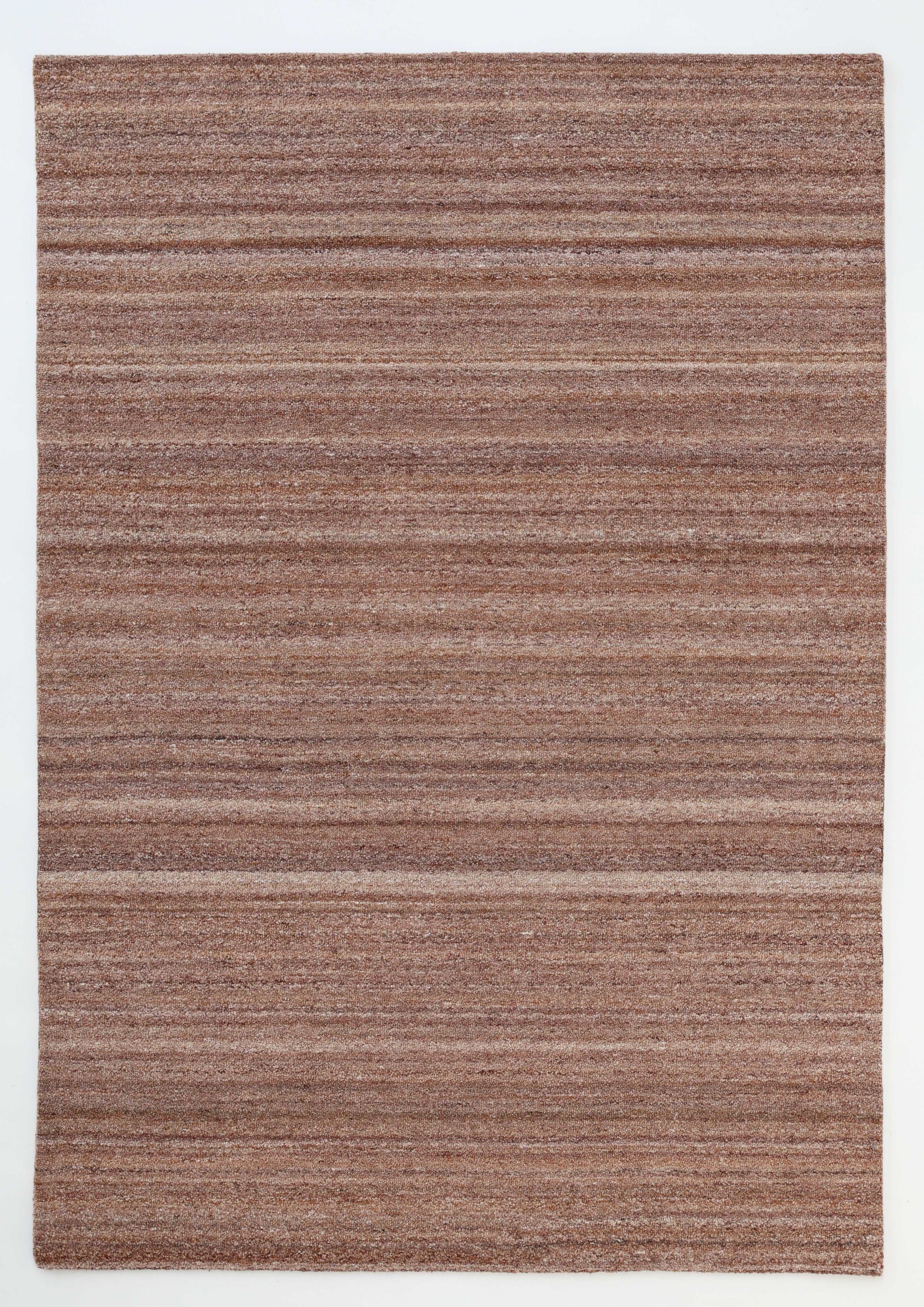 The Handmade Wool Rug – Textured Beige Area Rug- HTP 26 by RAMSHA HOME is a minimalist rectangular rug with subtle beige and brown stripes, displayed flat on a light surface.
