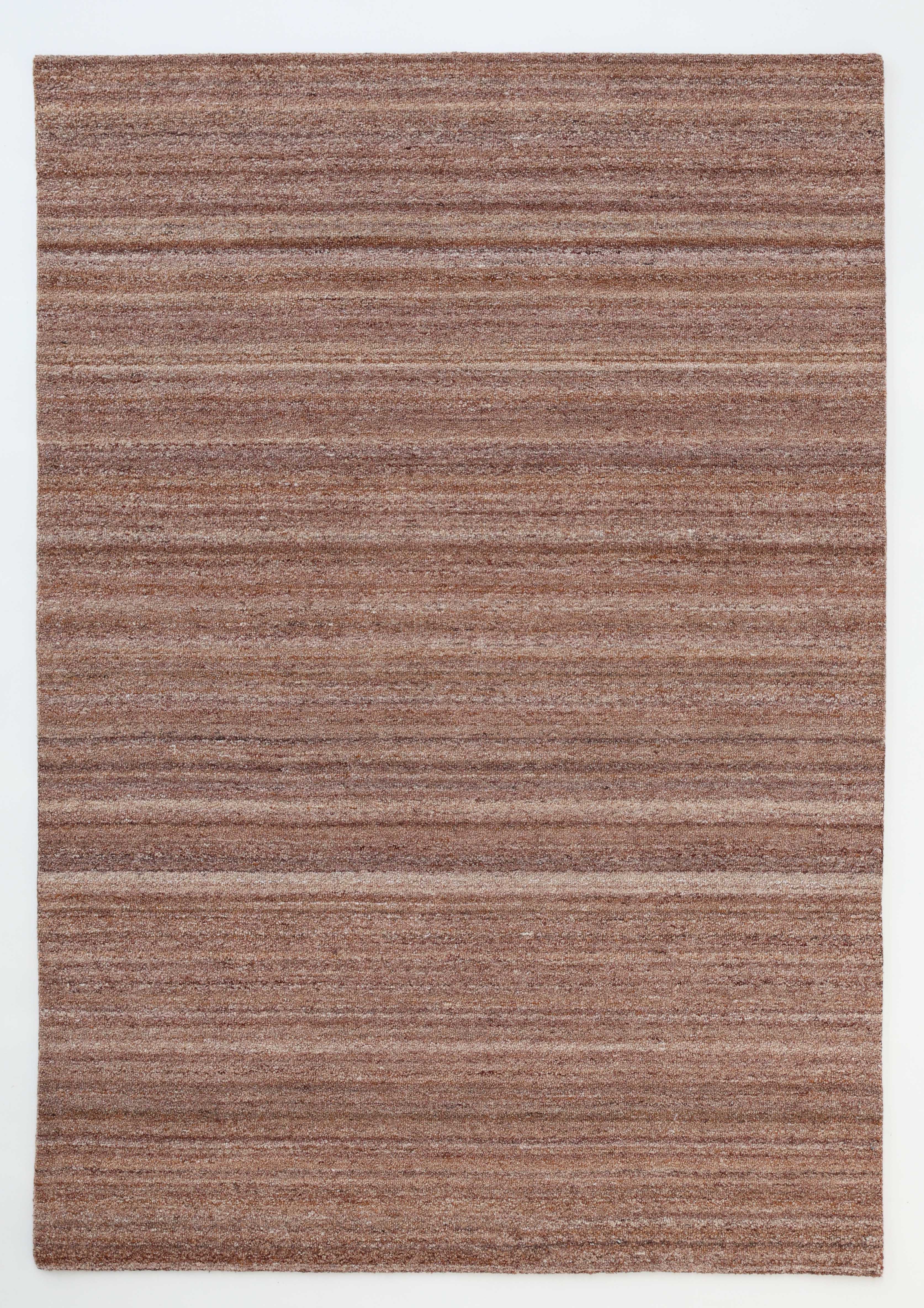 The Handmade Wool Rug – Textured Beige Area Rug- HTP 26 by RAMSHA HOME is a minimalist rectangular rug with subtle beige and brown stripes, displayed flat on a light surface.