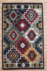 The RAMSHA HOME Tribal Digital Printed Rug – Colorful Geometric Area Rug for Living Room DD-045 features bold Southwestern diamond and stepped motifs in red, black, teal, white, gold, and green, perfect for adding vibrant style to any wooden floor.