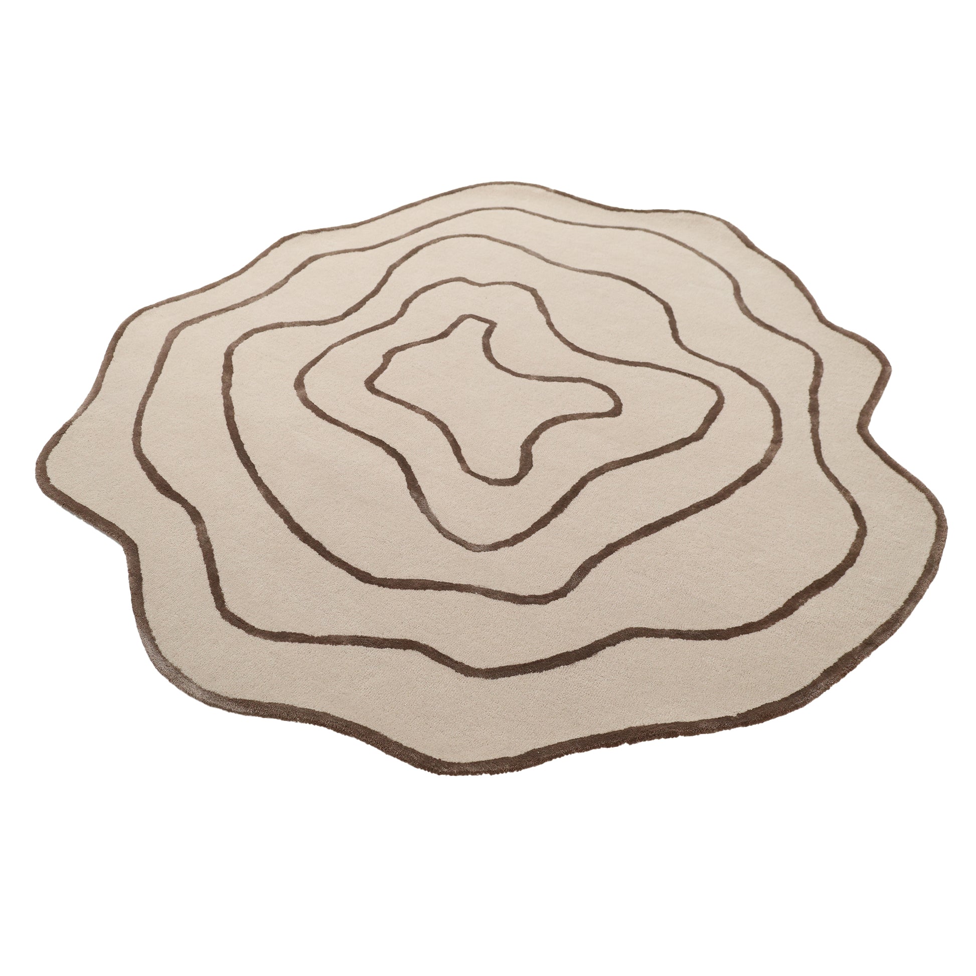The RAMSHA HOME Handmade Multi Color Hand-Tufted Area Rug HTWV-65 is a round cream rug with wavy edges and concentric brown lines, evoking topographic map contours.