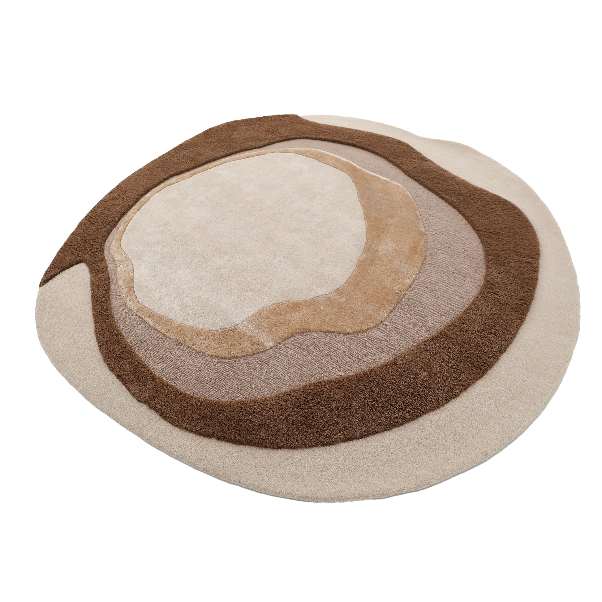 The RAMSHA HOME Vibrant Round Shape Handmade Rug - HTWV 95 (200 cm) features layered, abstract concentric shapes in beige, tan, and brown tones, giving a neutral look inspired by nature and topographic patterns.