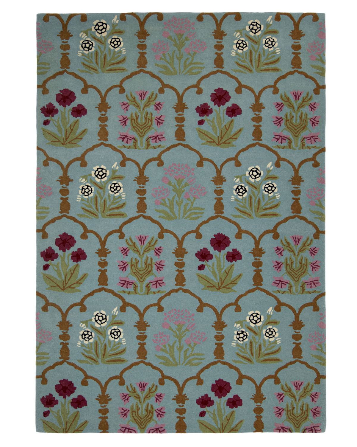 Presenting the RAMSHA HOME Handmade Blue Floral Wool Carpet HTW-25—a rectangular hand-tufted wool rug showcasing a symmetrical and decorative design. Its repeating red, white, and pink floral motifs are elegantly arranged within brown arch-shaped accents on a light blue background. This charming floral area rug makes a delightful addition to any space.