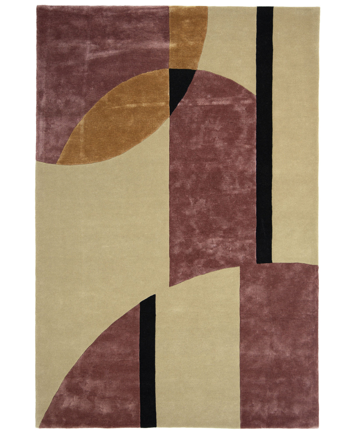 Introducing the RAMSHA HOME Multi Color Handmade Rug HTWV-20—a striking abstract area rug designed to elevate contemporary spaces. This modern rug features an artistic composition of overlapping geometric shapes in beige, burgundy, mustard yellow, and black. Curved and straight lines combine to create a dynamic pattern, making it a standout piece for any room.
