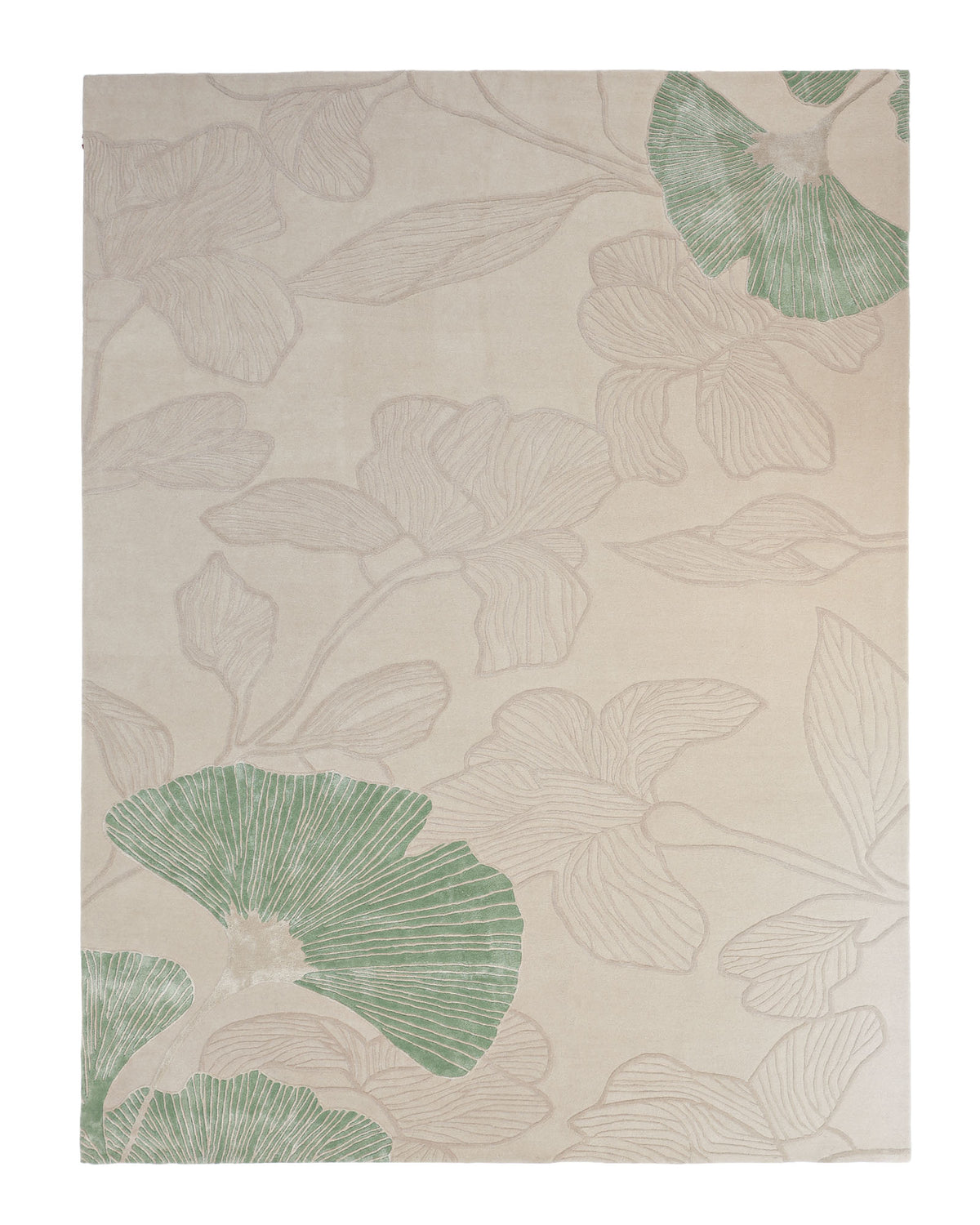 The RAMSHA HOME Floral Handmade Rectangle Rug HTWV-189 is a beige, hand-woven rug adorned with an elegant floral pattern, including large outlined leaves and three prominent green leaves thoughtfully arranged in an asymmetrical design. Showcasing expert artisanal craftsmanship, this rug adds a refined touch of elegance to any space.