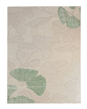 The RAMSHA HOME Floral Handmade Rectangle Rug HTWV-189 is a beige, hand-woven rug adorned with an elegant floral pattern, including large outlined leaves and three prominent green leaves thoughtfully arranged in an asymmetrical design. Showcasing expert artisanal craftsmanship, this rug adds a refined touch of elegance to any space.