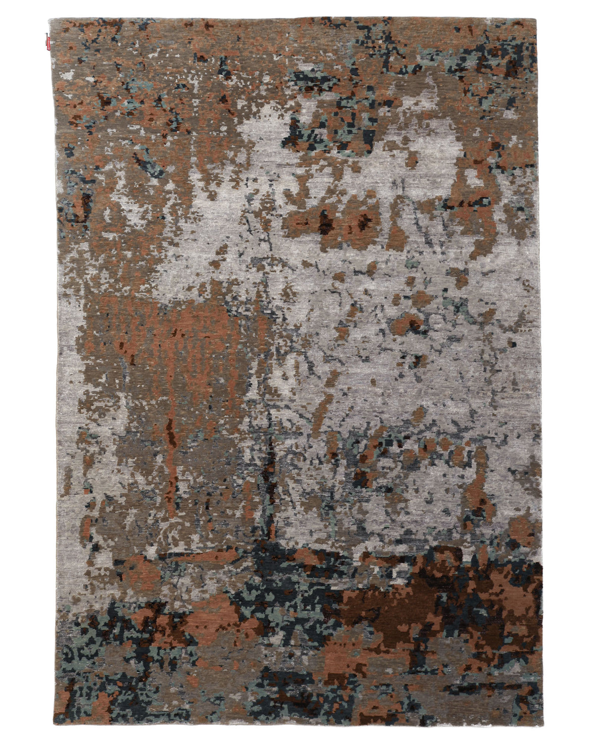 Introducing the Bamboo Silk & Cotton Hand Knotted Carpet HKWB-012 from RAMSHA HOME—a rectangular area rug showcasing an abstract pattern in muted shades of gray, brown, blue, and touches of black. Inspired by the weathered elegance of a grey rust rug, its hand knotted design displays irregular shapes and color patches with subtle variations, creating a beautiful distressed appearance that brings together contemporary style and timeless sophistication.