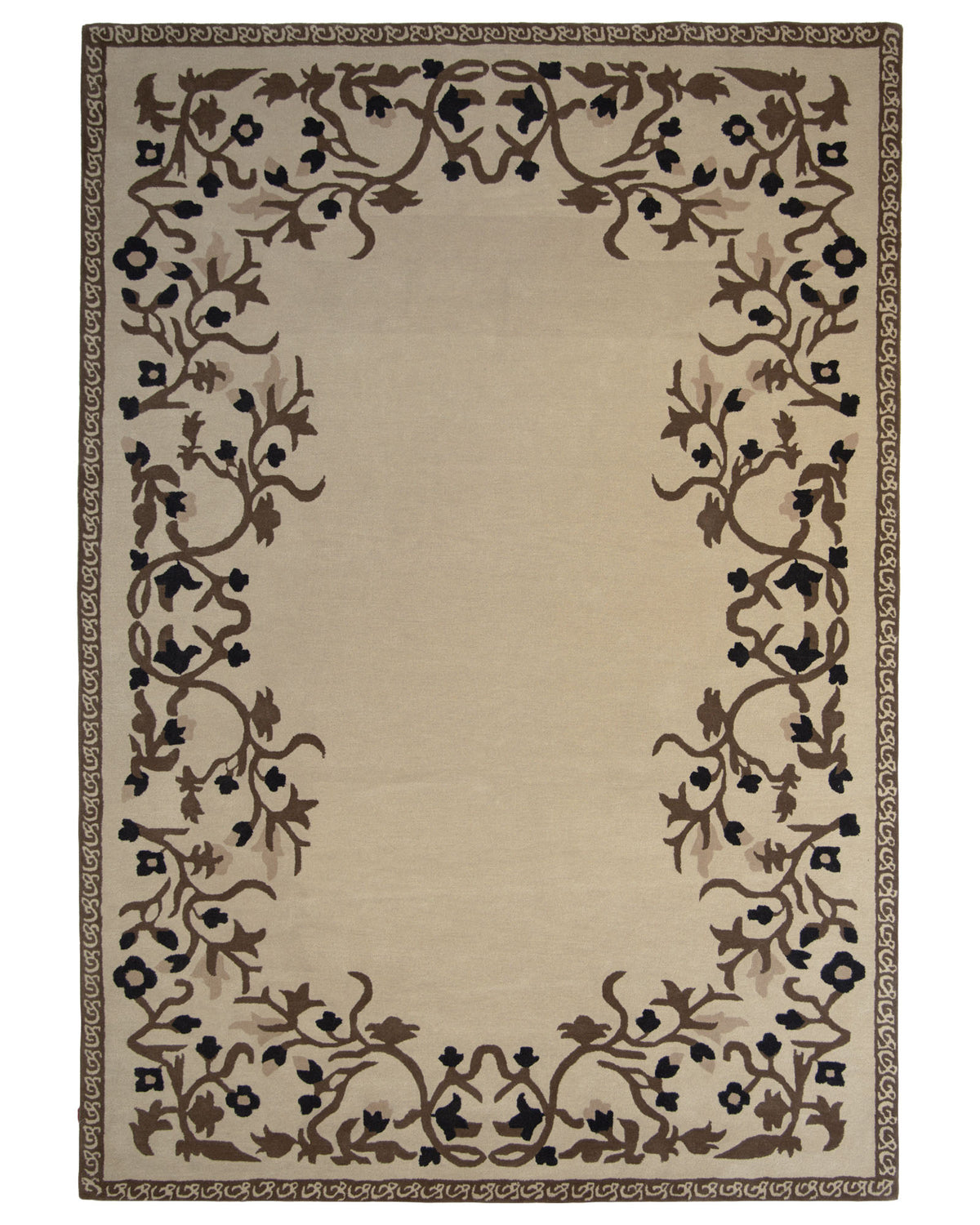 Introducing the RAMSHA HOME Multi Color Handmade Carpet 300X400 CM HTW-05: This hand-tufted rug features a neutral beige rectangular center, beautifully bordered with brown vines and black floral accents, all elegantly framed by a thin, decorative geometric edge. Its plain center allows the intricate border design to stand out, making it a stunning statement piece for any room.