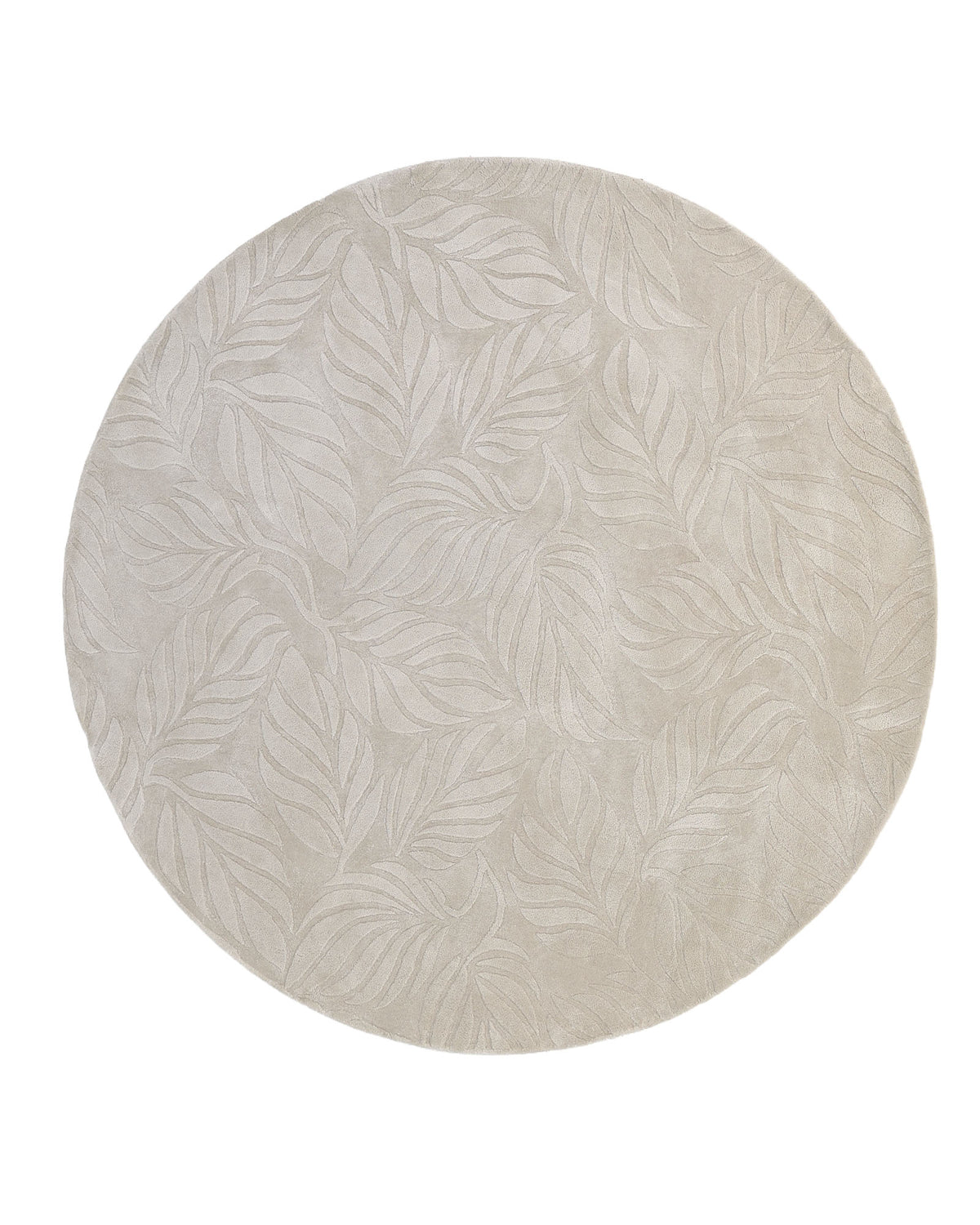 The RAMSHA HOME Beige Color Indoor Handmade Area Rug - HTV 15 features a round silhouette in a light beige hue, beautifully adorned with a subtle, woven leaf pattern. This elegant area rug effortlessly brings nature-inspired charm to any space.