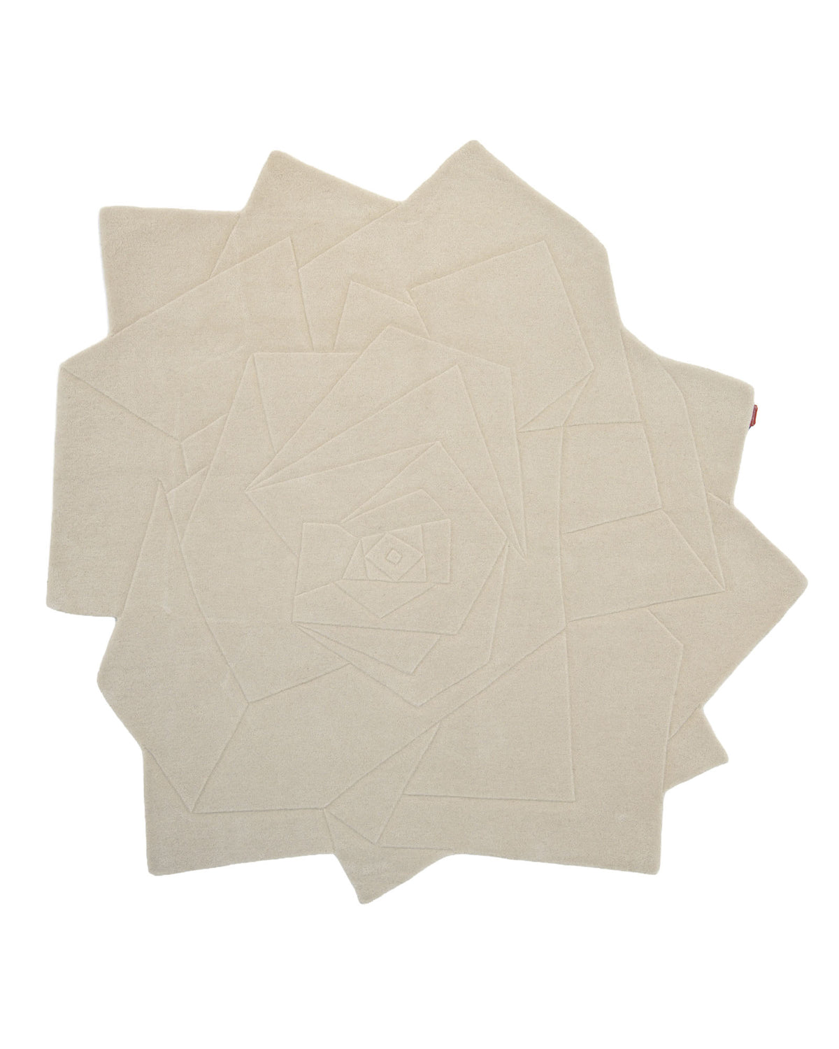 Introducing the RAMSHA HOME Stunning Off Flower Shape Handmade Rug - HTW 77 (200 cm): a modern beige hand-tufted rug featuring a geometric, layered pattern with angular shapes forming a stylized flower motif.