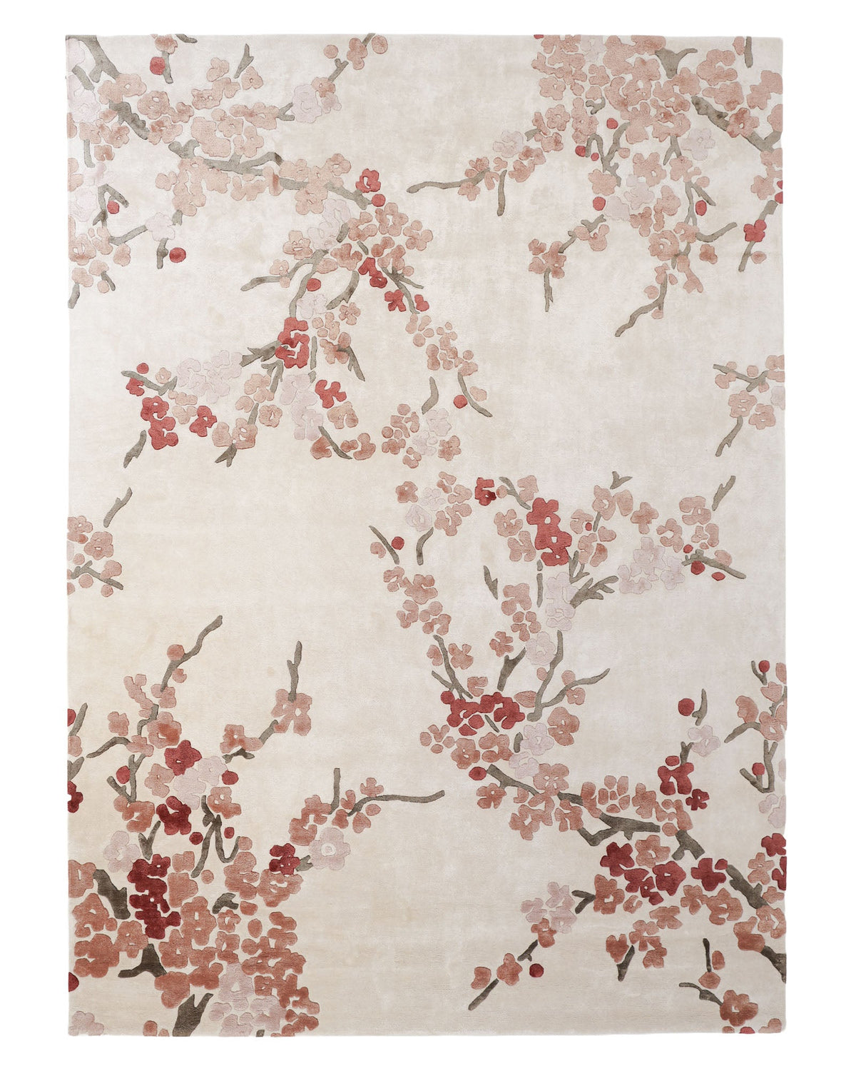 Introducing the RAMSHA HOME Floral Blossom Area Rug – Beige Pink & Terracotta (300x400 CM, HTV-30), a cream-toned botanical rug adorned with elegant pink and red cherry blossom branches for a soft, sophisticated floral design.