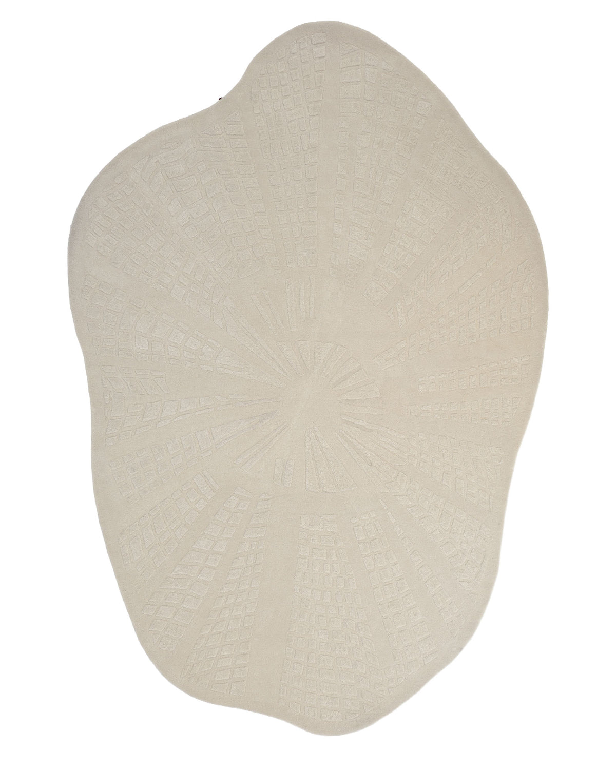The RAMSHA HOME Home Decor Handmade Area Rug - HTW 112 (200x300 cm) features an irregular shape in a light beige hue, hand-tufted with subtle, textured geometric patterns that radiate from the center, evoking the look of a stylized leaf or organic form.