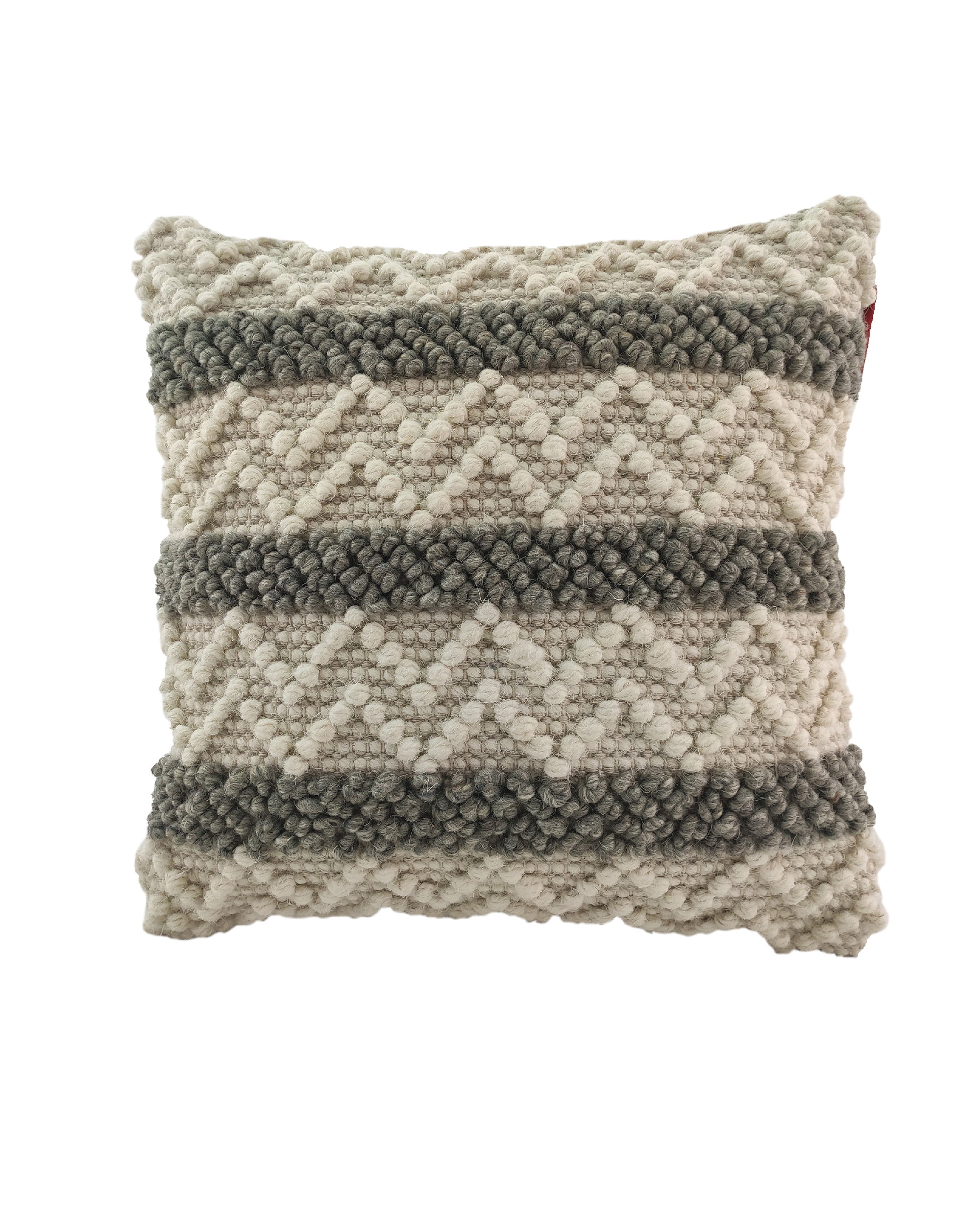 The RAMSHA HOME Embroidery Woven Cushion With Insert cs-161 features a square wool and cotton design in cream and gray, with raised zigzag and horizontal stripes on a plain white background.