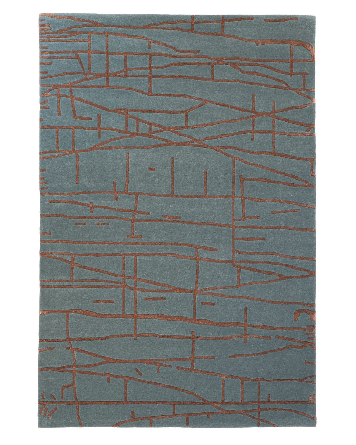 The Abstract Rust Line Grid Teal Rug – HTWV-31 (180x270 CM) by RAMSHA HOME is a rectangular gray wool viscose rug, hand tufted with an abstract pattern of intersecting thin brown lines in a modern, geometric design that brings contemporary elegance to any space.