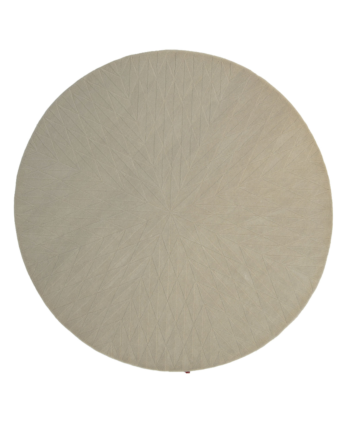 The RAMSHA HOME Beige Handmade Round Rug HTW 107 (200cm) showcases artisanal craftsmanship with a subtle diamond-shaped geometric pattern radiating from the center. The round beige rug is displayed from above against a white background.