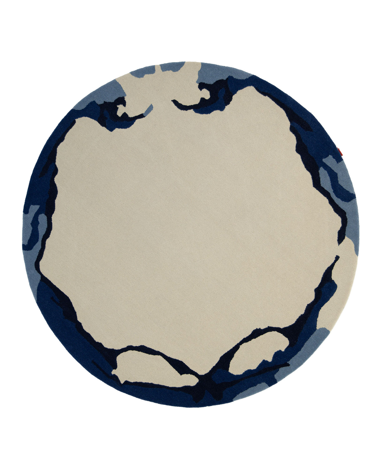 The Round Handmade Hand Tufted Carpet HTW-64 by RAMSHA HOME features an abstract border in varying shades of blue and a large cream-colored center reminiscent of a rough map outline or organic shape. This hand-tufted area rug brings modern style and unique artistry to any space.