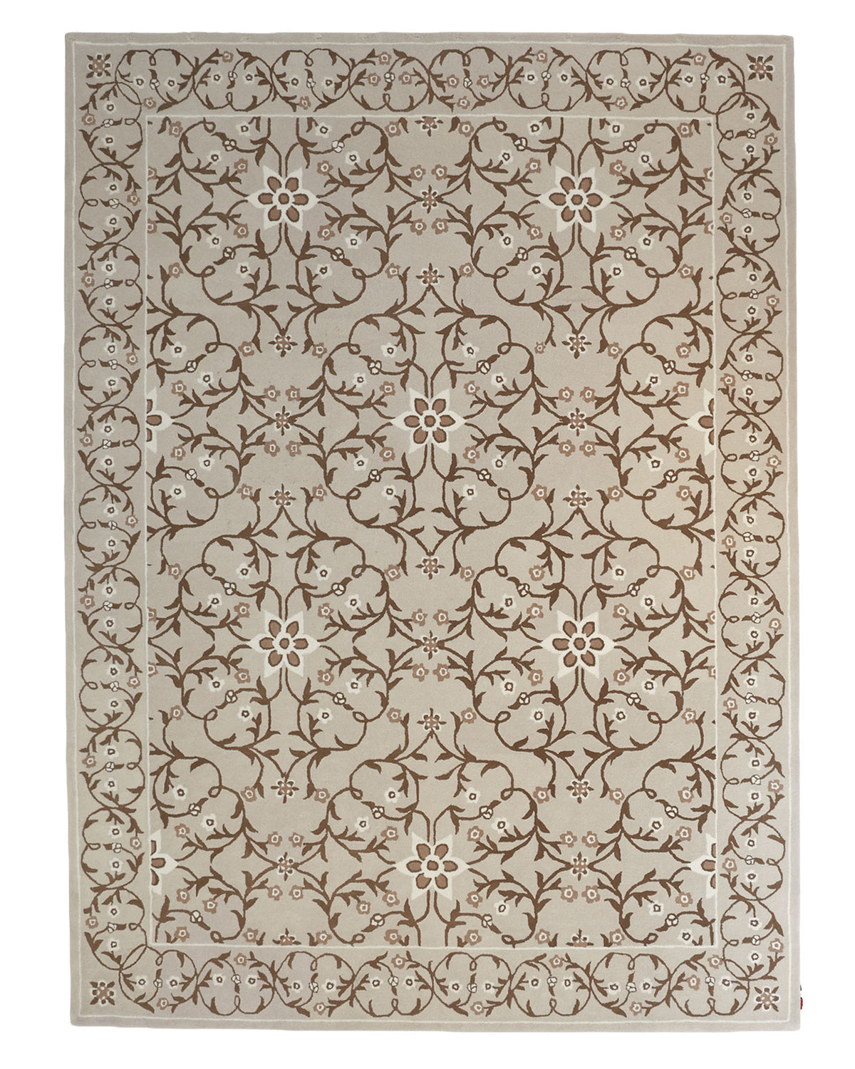 Introducing the Exquisite Multi Color Decor Handmade Rug - HTW 99 (300x400 CM) by RAMSHA HOME, a beige hand-tufted wool rug adorned with a symmetrical brown floral and vine pattern and framed by a matching floral border motif.