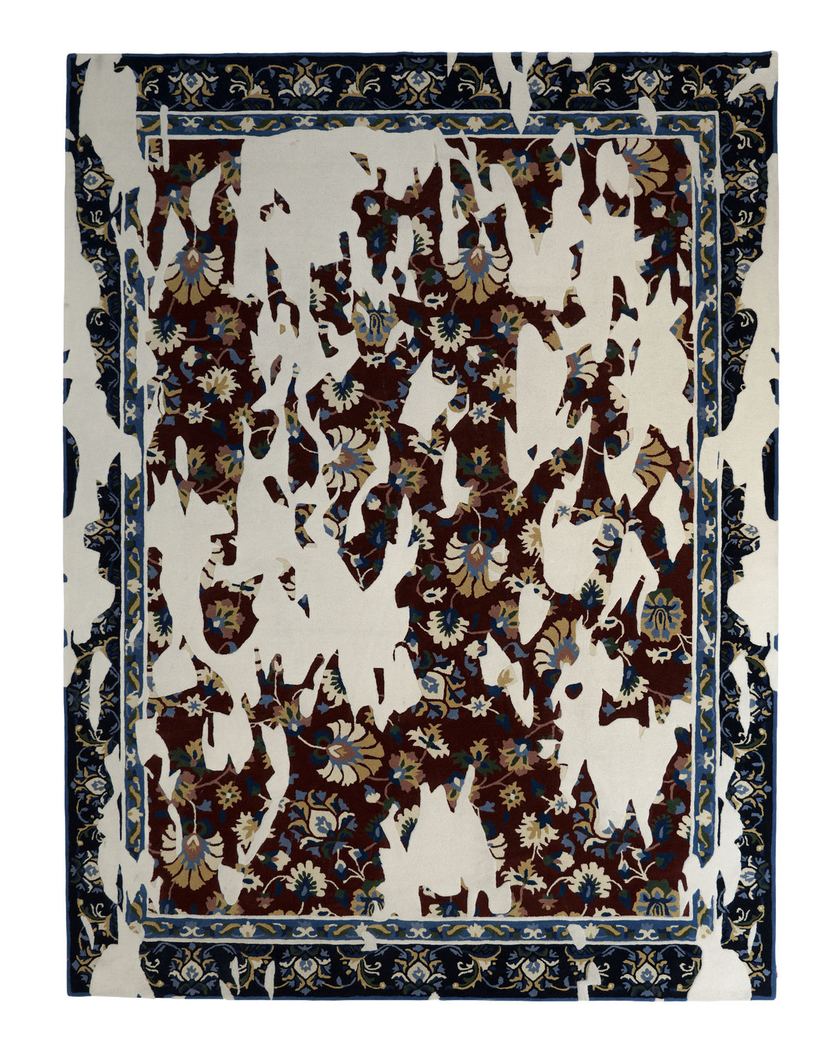 The RAMSHA HOME Multi Color Handmade Area Rug - HTW 111 (300x400 cm) features a decorative floral pattern with large, irregular white patches that partially obscure the design, creating a distressed, vintage-inspired look perfect for the living room.