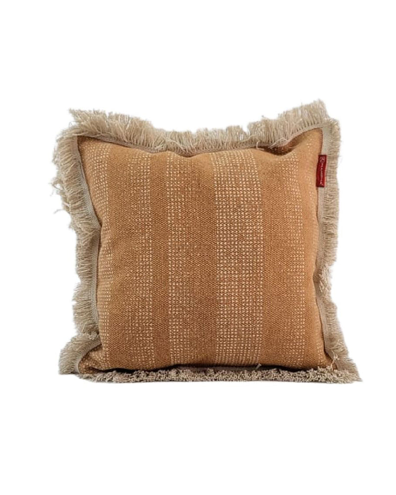 The RAMSHA HOME Cotton Cushion With Fringes cs-141 features a square, textured light brown cotton fabric with a subtle striped pattern and stylish beige fringed edges.