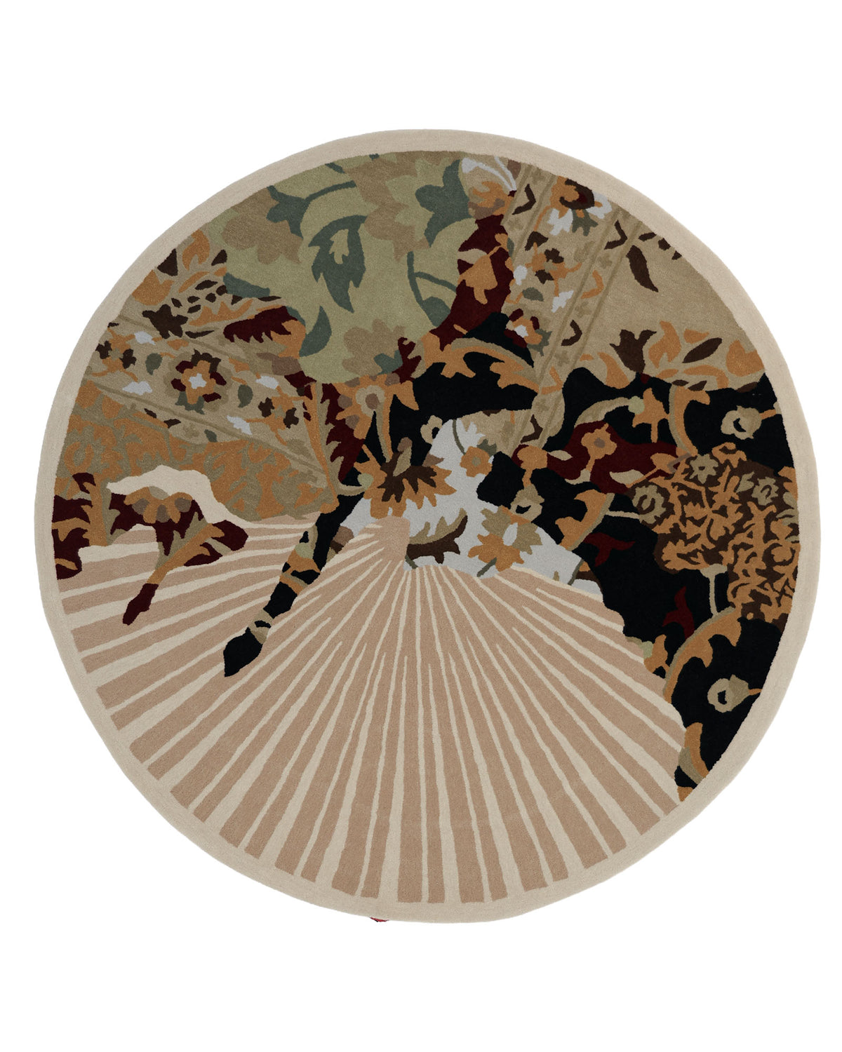 Introducing the RAMSHA HOME Round Multi Area Rug HTW-73 (200 cm), a hand-tufted living room rug that showcases a harmonious blend of floral and leafy motifs in beige, brown, black, and green hues. Radiating striped lines in the lower half create a subtle sunburst effect. Crafted for both quality and comfort, this elegant piece adds natural sophistication to any space.