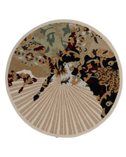 Introducing the RAMSHA HOME Round Multi Area Rug HTW-73 (200 cm), a hand-tufted living room rug that showcases a harmonious blend of floral and leafy motifs in beige, brown, black, and green hues. Radiating striped lines in the lower half create a subtle sunburst effect. Crafted for both quality and comfort, this elegant piece adds natural sophistication to any space.
