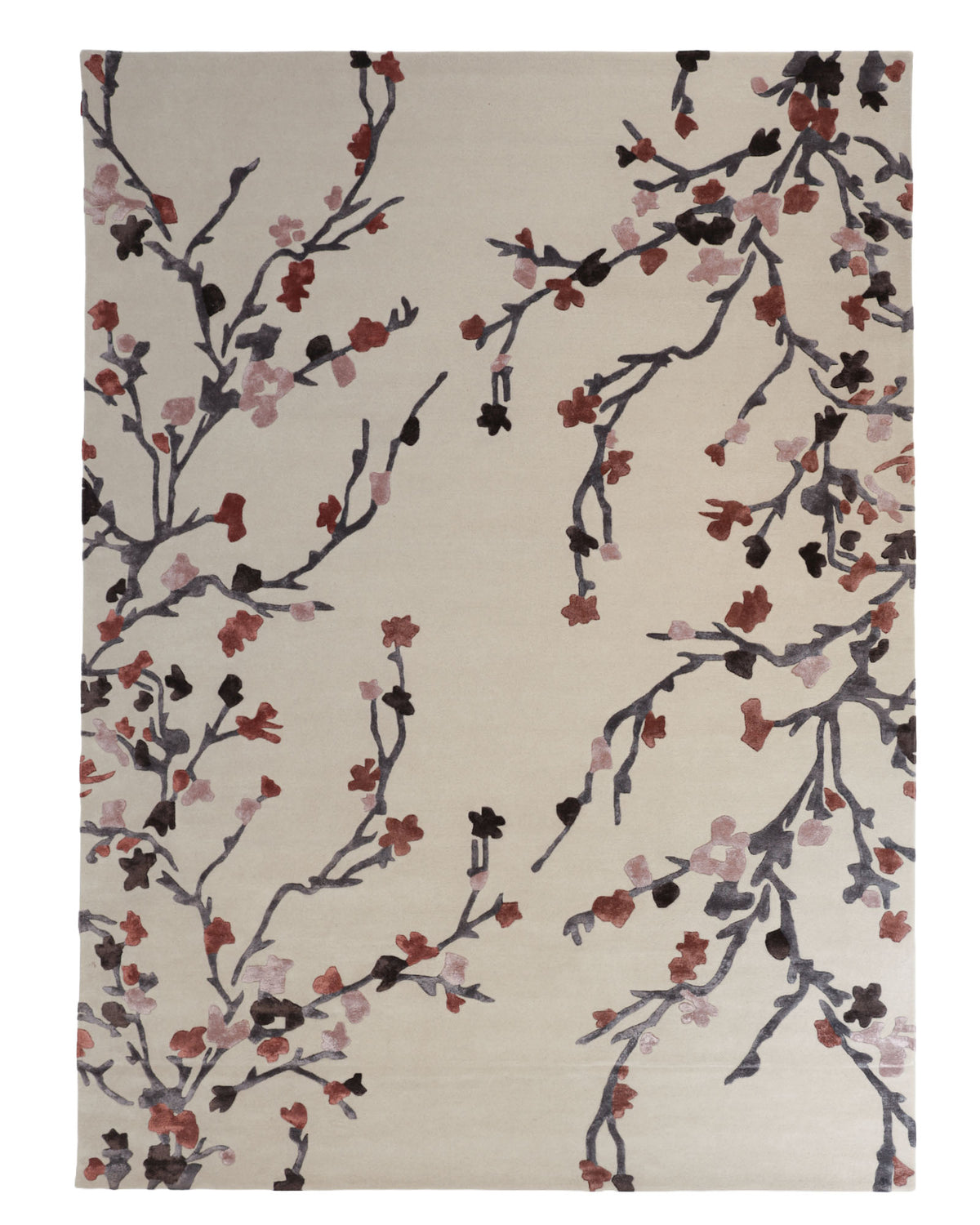 Introducing the Multi Color Handmade Area Rug HTWV-119 by RAMSHA HOME—a beige wool rug adorned with an abstract floral pattern depicting branches and blossoms in hues of brown, pink, and deep purple that sweep diagonally across its surface. This hand-tufted carpet effortlessly adds a touch of elegance reminiscent of a cherry blossom area rug to any space.