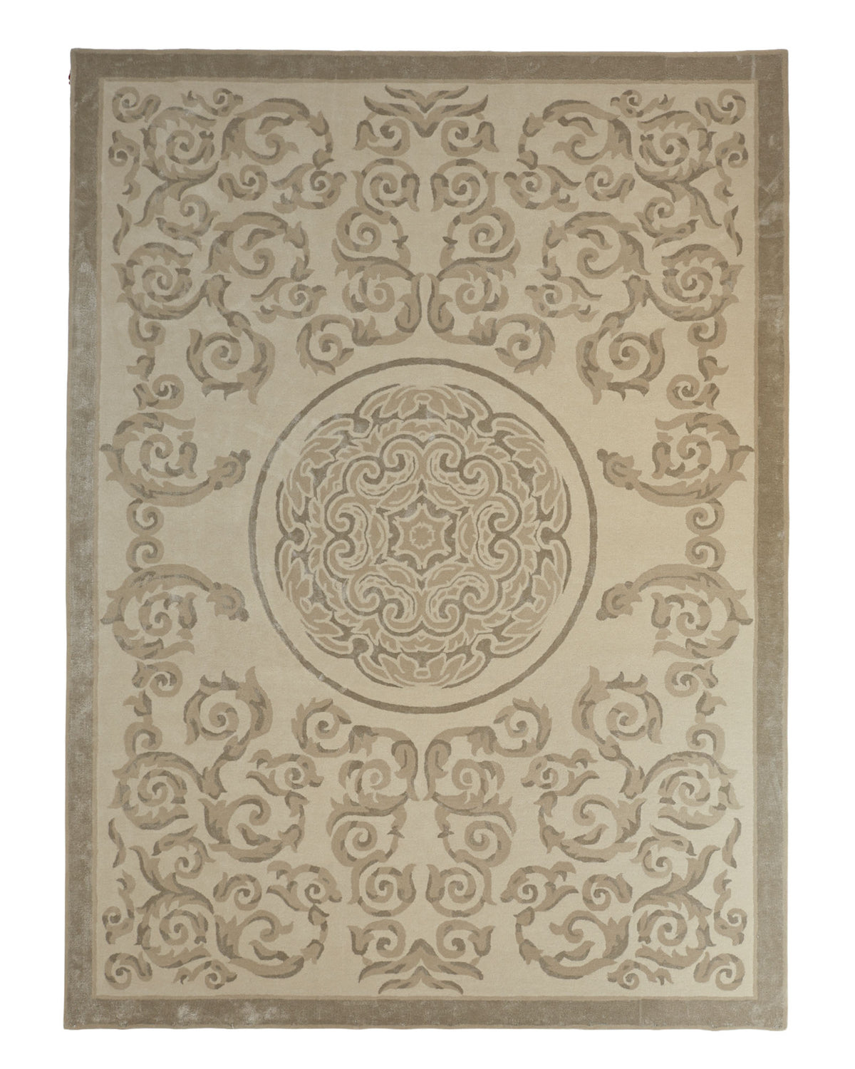 Introducing the Amazing Multi Color Modern Floor Rug - HTWV 57 (300x400cm) by RAMSHA HOME: a beige rectangular handtufted wool rug featuring intricate swirling patterns and a grand, ornate circular medallion at its center, surrounded by elegant symmetrical motifs and finished with a solid border—a timeless traditional rug designed to elevate any space.