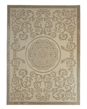 Introducing the Amazing Multi Color Modern Floor Rug - HTWV 57 (300x400cm) by RAMSHA HOME: a beige rectangular handtufted wool rug featuring intricate swirling patterns and a grand, ornate circular medallion at its center, surrounded by elegant symmetrical motifs and finished with a solid border—a timeless traditional rug designed to elevate any space.
