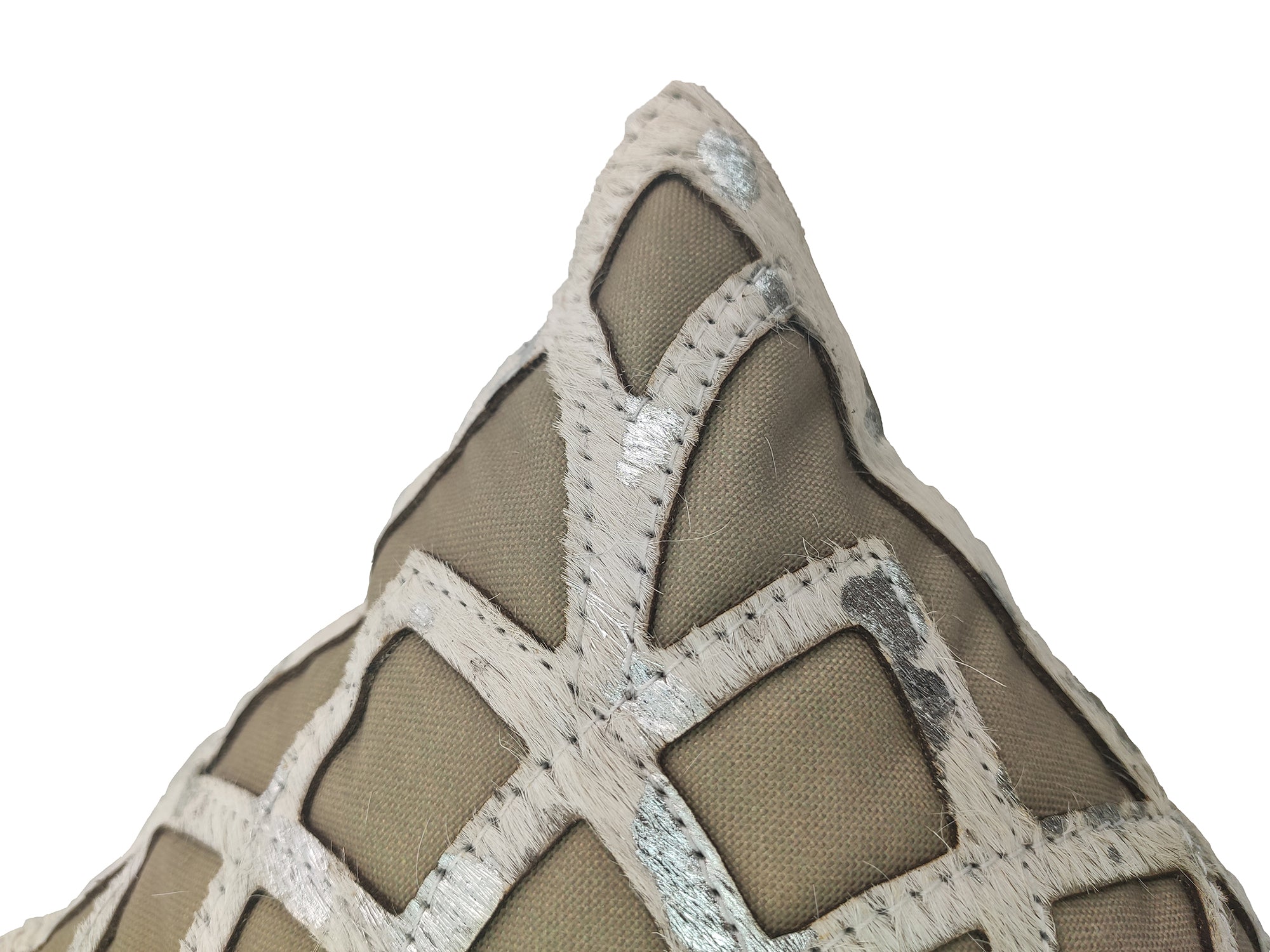 Close-up of the CS-102 Leather Cushion by RAMSHA HOME, featuring a beige fabric base with a raised, light-colored crisscross geometric pattern. Shown against a plain white background.