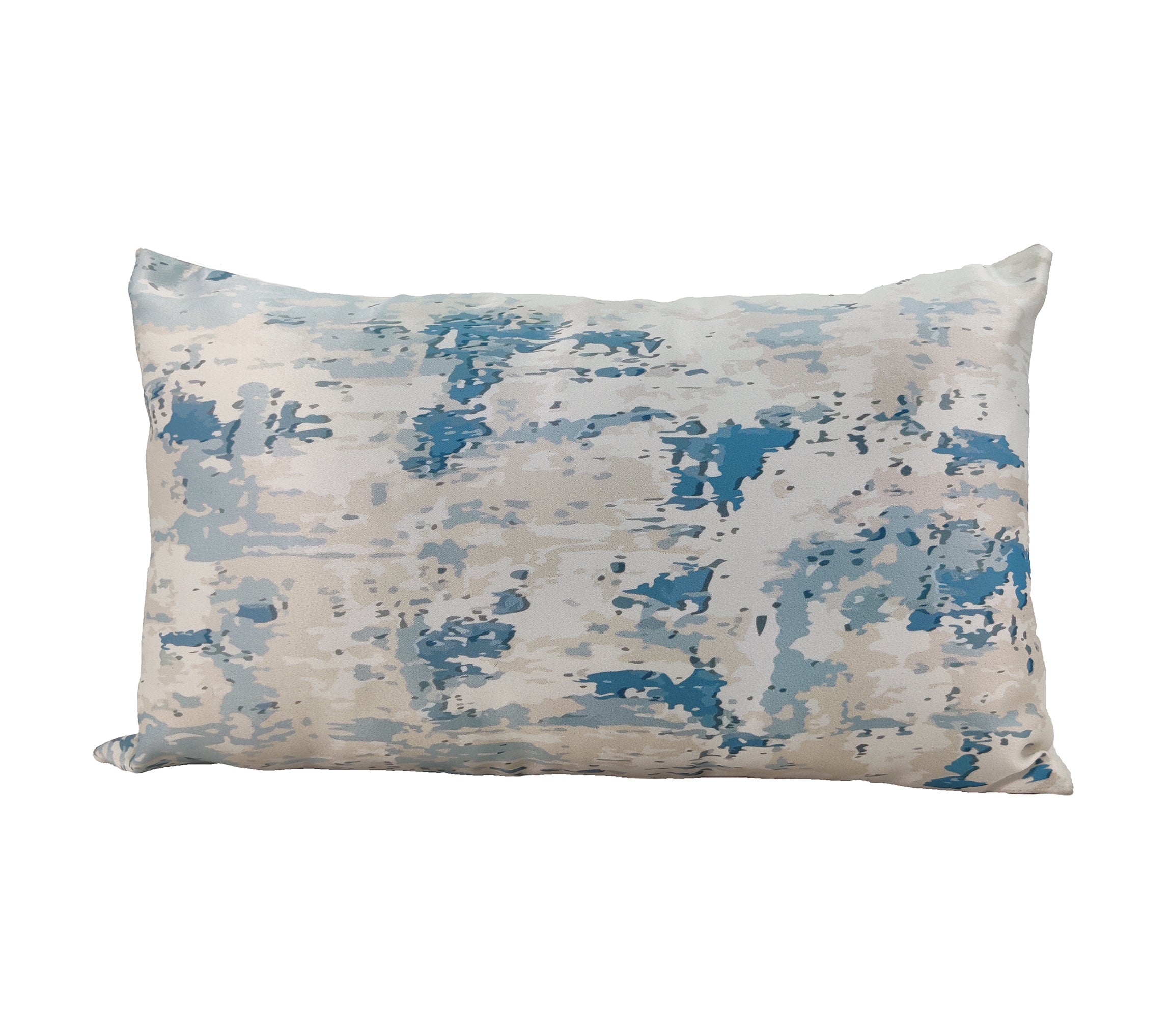 The RAMSHA HOME Polyester Cushion Gradient Print Cushion With Insert cs-246 features a rectangular shape and an abstract blue, light gray, and white gradient pattern on polyester fabric, shown against a plain white background.
