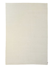 The RAMSHA HOME Natural Color Handmade Area Rug - LKH-018 (200x300 cm) is a rectangular, cream-colored wool rug crafted with loom-knotted technique and features a geometric pattern of curved and straight lines that create textured, segmented sections.