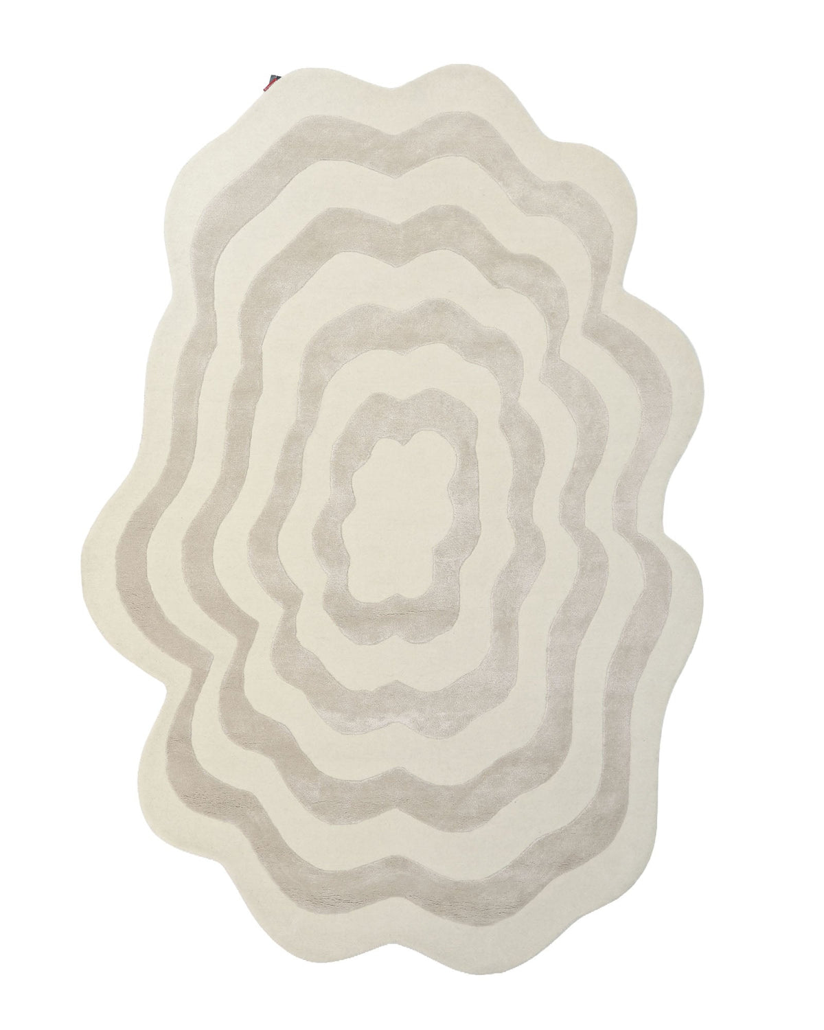 The RAMSHA HOME Beige & Cream Wavy Handmade Area Rug – HTWV-144 features an abstract, hand-tufted design with irregular, wavy concentric shapes in soft cream and beige tones. Its organic, layered pattern and uneven edge give this modern rug a neutral, minimalist aesthetic.