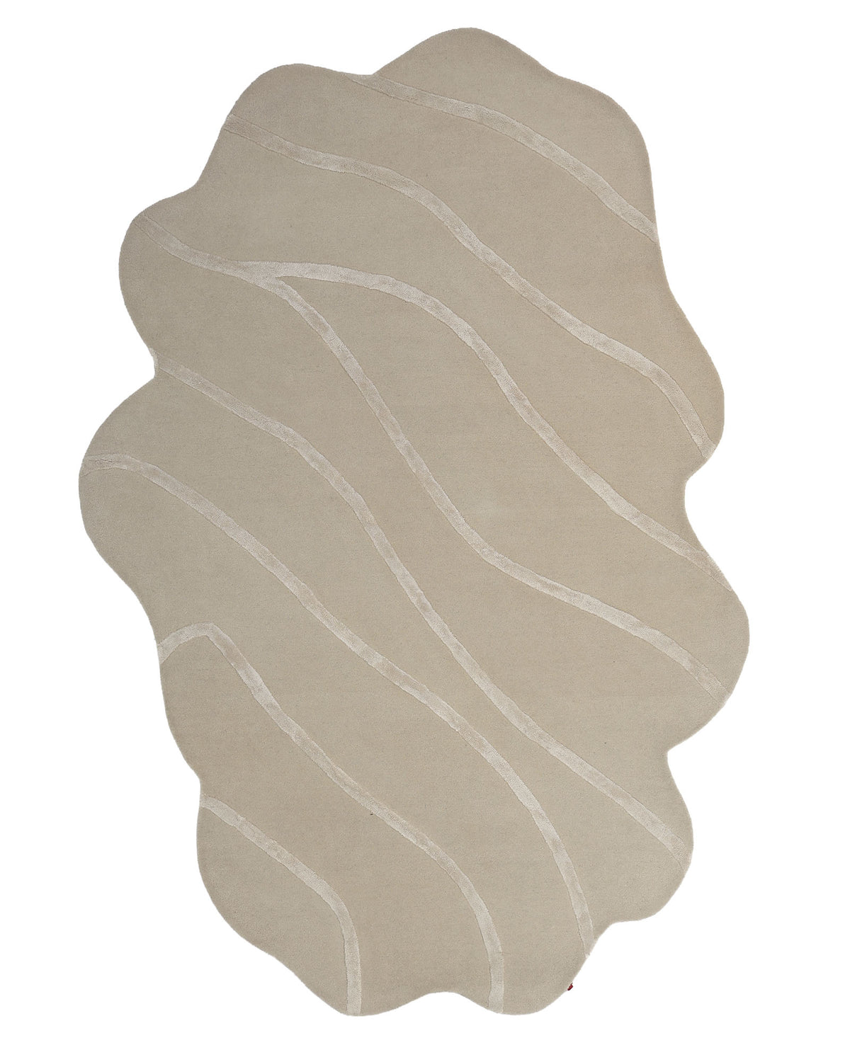 The RAMSHA HOME Multi Color Handmade Area Rug - HTWV-136 (200x300 cm) features an irregularly shaped beige design, hand tufted from wool, with wavy lighter beige lines across its surface that evoke the look of flowing water or sand patterns.