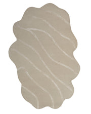 The RAMSHA HOME Multi Color Handmade Area Rug - HTWV-136 (200x300 cm) features an irregularly shaped beige design, hand tufted from wool, with wavy lighter beige lines across its surface that evoke the look of flowing water or sand patterns.