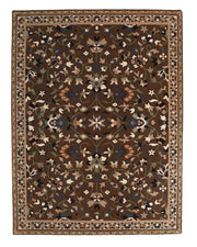 The Wool & Cotton Hand Tufted Rug HTW-07 by RAMSHA HOME is a rectangular rug crafted with a symmetrical floral and leaf pattern in earthy tones of brown, beige, green, and blue. This traditional design features a detailed decorative border embellished with small floral motifs.