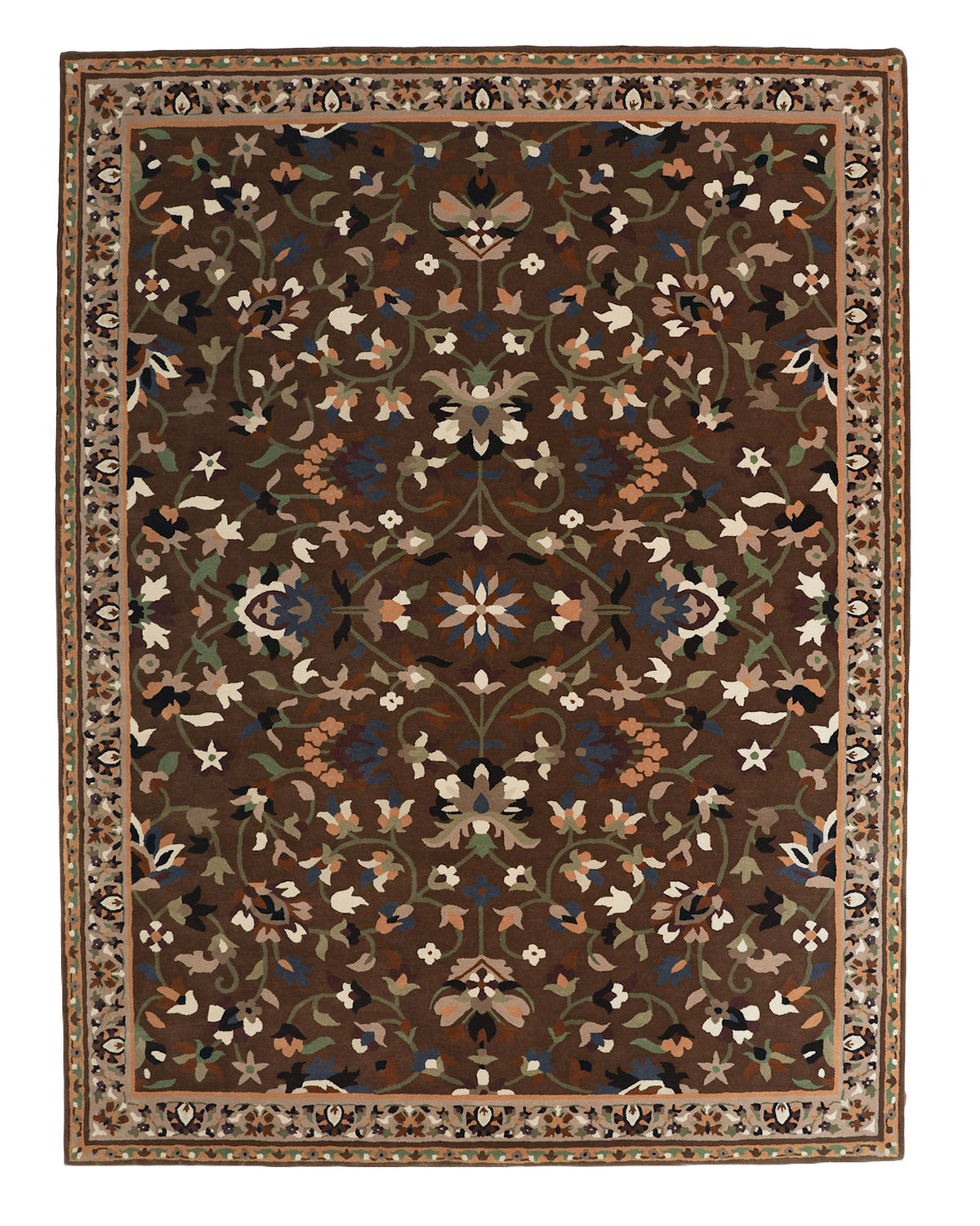 The Wool & Cotton Hand Tufted Rug HTW-07 by RAMSHA HOME is a rectangular rug crafted with a symmetrical floral and leaf pattern in earthy tones of brown, beige, green, and blue. This traditional design features a detailed decorative border embellished with small floral motifs.