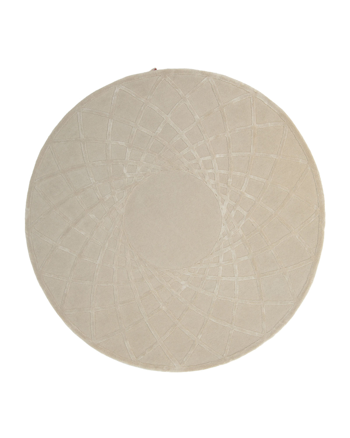 Introducing the Handmade Round Area Rug - HTWV 61 (200 Cm) from RAMSHA HOME—a hand-tufted, round beige rug featuring a geometric pattern of intersecting lines radiating from the center. Expertly crafted from a premium wool-viscose blend, this luxurious rug offers both exceptional softness and lasting durability, bringing subtle texture and elegant design to any space.