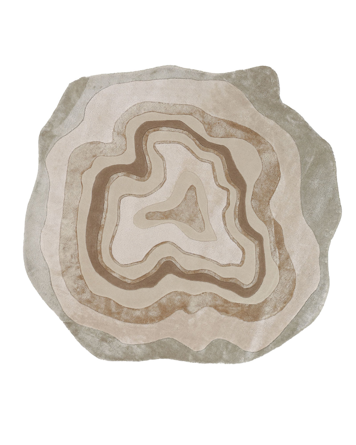 RAMSHA HOME Designer Freeform Handmade Rug HTWV-200, a handmade freeform area rug featuring an abstract, layered topographical design in shades of beige, taupe, and tan.