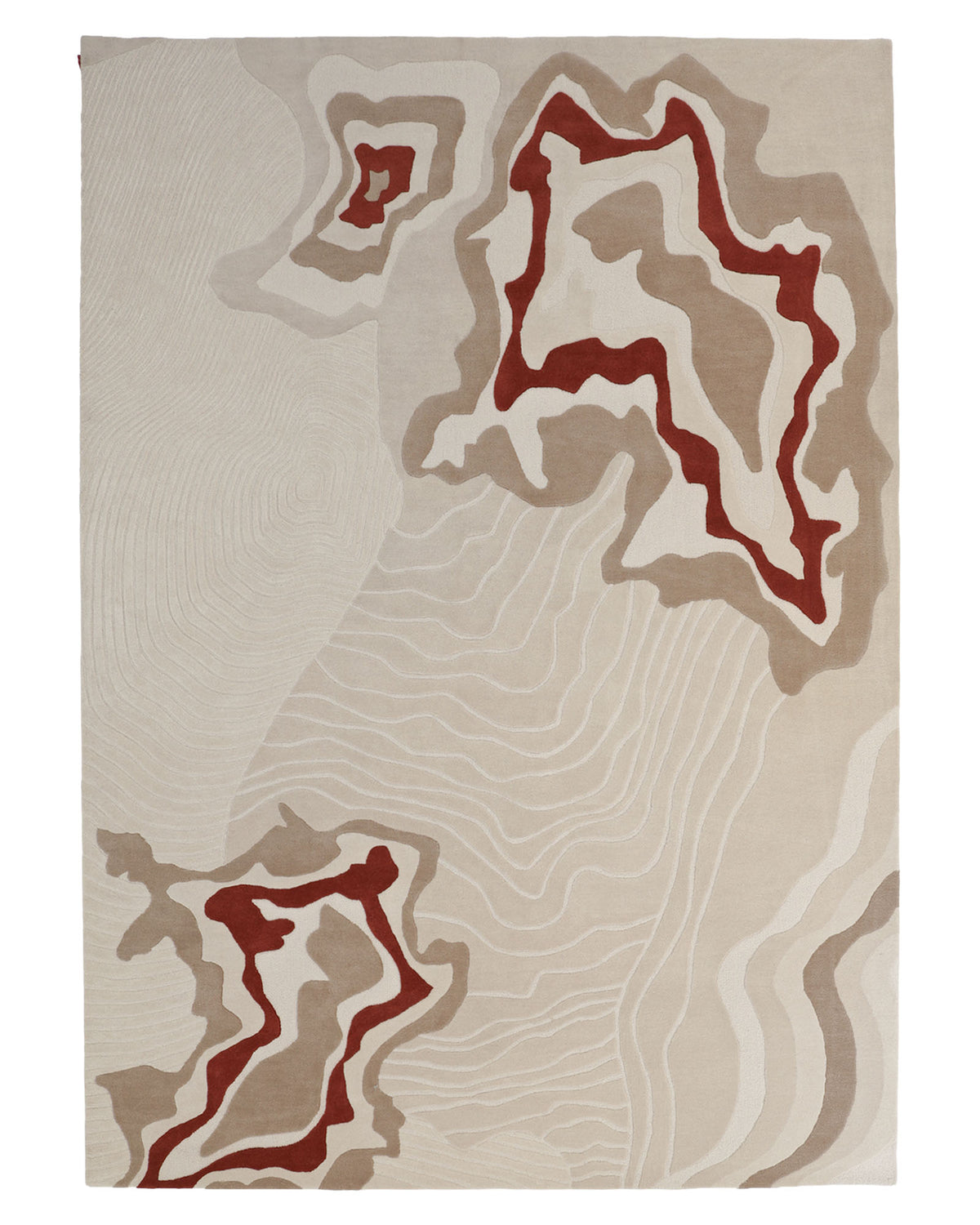 Introducing the Modern Handmade Carpet 300x400 Multi – HTW-120 by RAMSHA HOME, a hand-tufted wool rug featuring a topographic map-inspired design in shades of beige, taupe, and dark red. Contour lines and irregular shapes add artistic flair and textured appeal to any room.