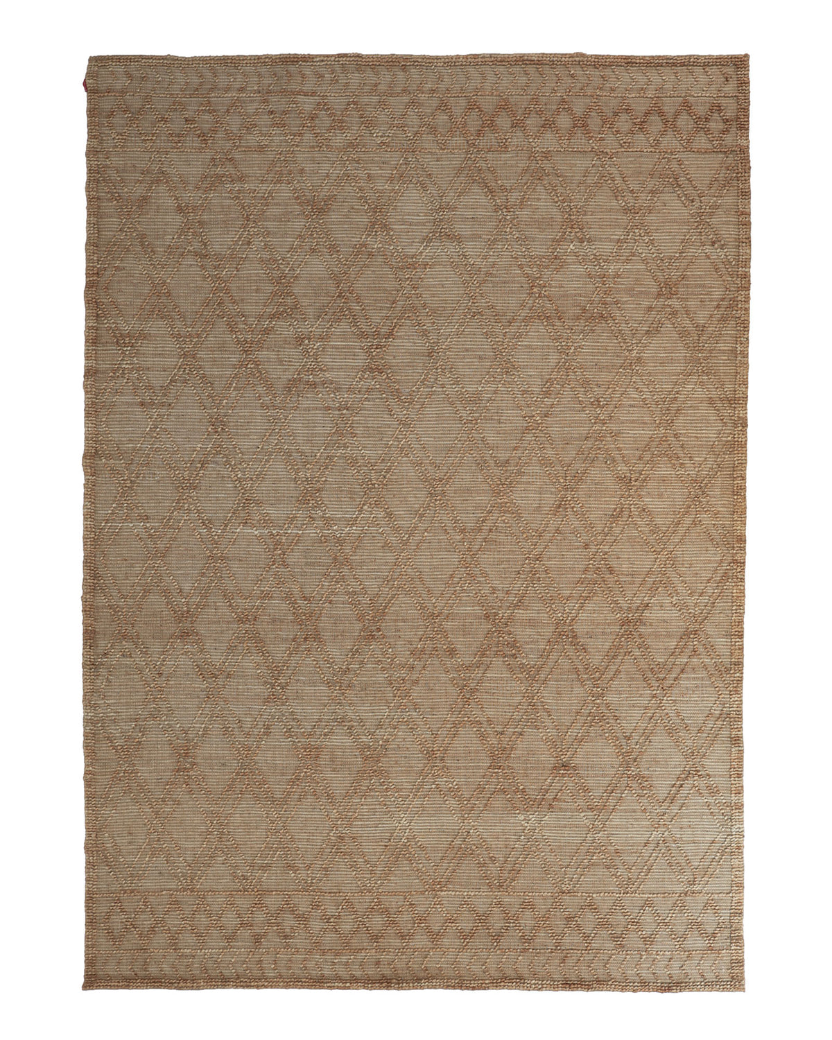 The Floor Woven Living Room Rug Natural Color Rectangle Shape SR-019 by RAMSHA HOME is a rectangular, beige geometric jute rug adorned with a subtle diamond pattern throughout its surface. Its natural and slightly coarse texture complements the simple, neutral color palette.