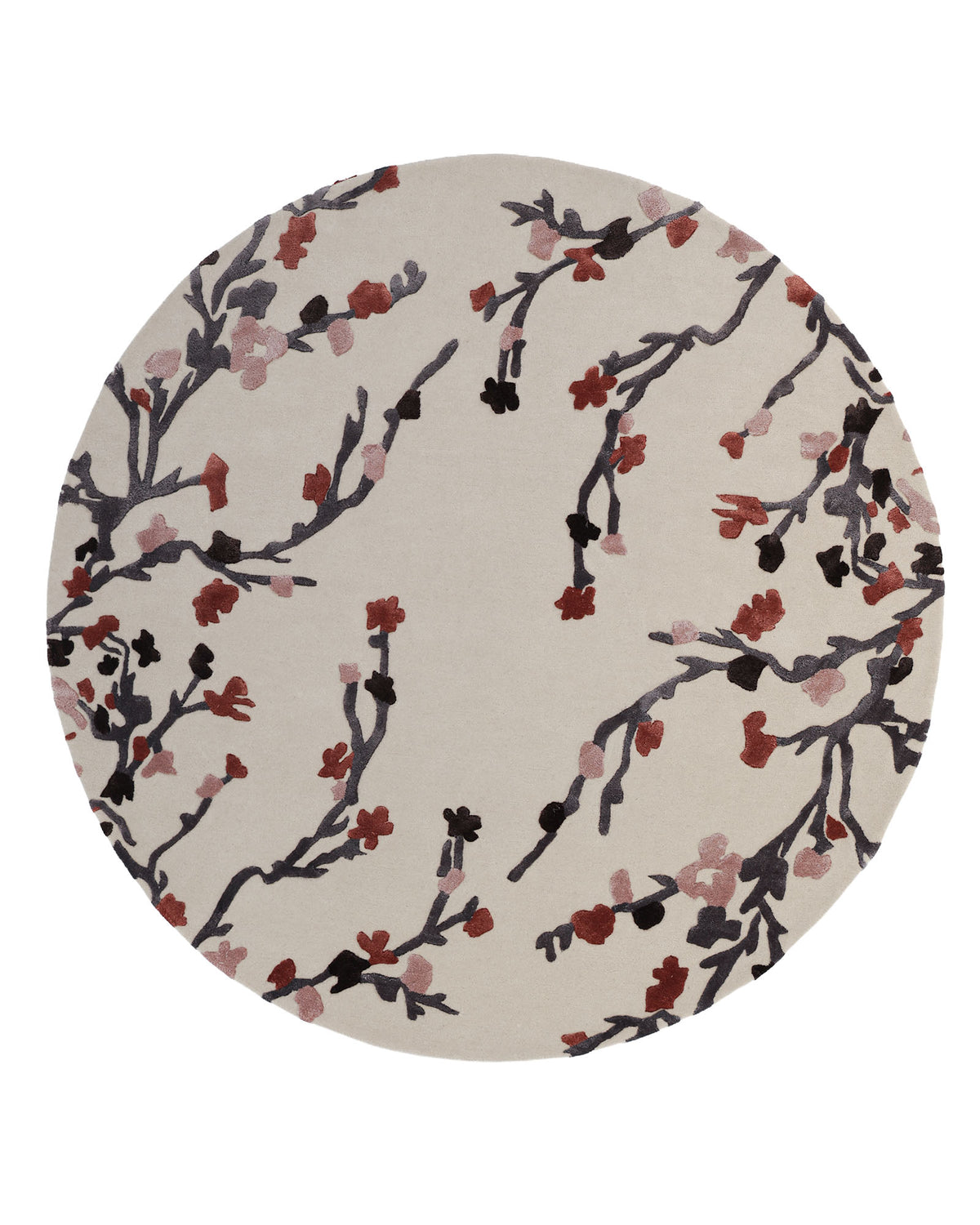 Introducing the Multi Color Handmade Area Rug HTWV-119 by RAMSHA HOME—this round wool rug features a cream background adorned with a decorative floral branch pattern in shades of pink, red, and dark brown. Hand-tufted for elegance, it brings charming style to any space and serves as a beautiful decorative area rug for your home.