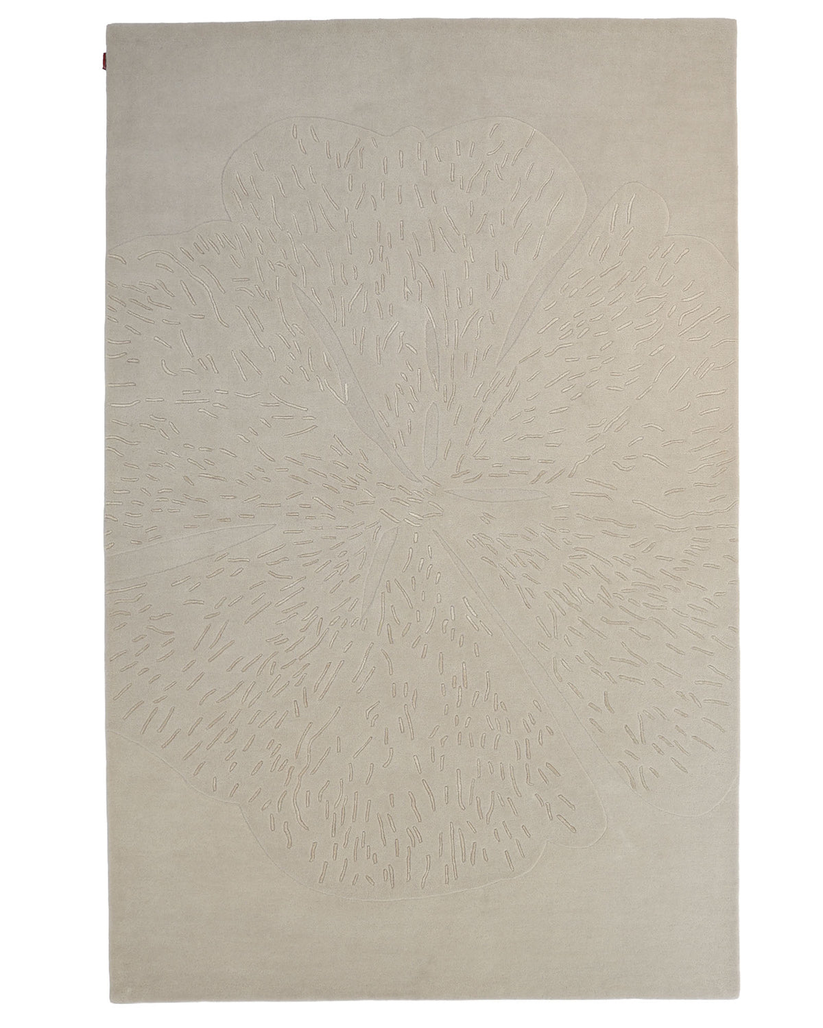 A light grey rectangular hand-tufted rug by RAMSHA HOME, featuring a subtle raised abstract floral pattern in the center that blends seamlessly with the background. Product: Embossed Floral Solid Light Grey Rug – HTWV 171.