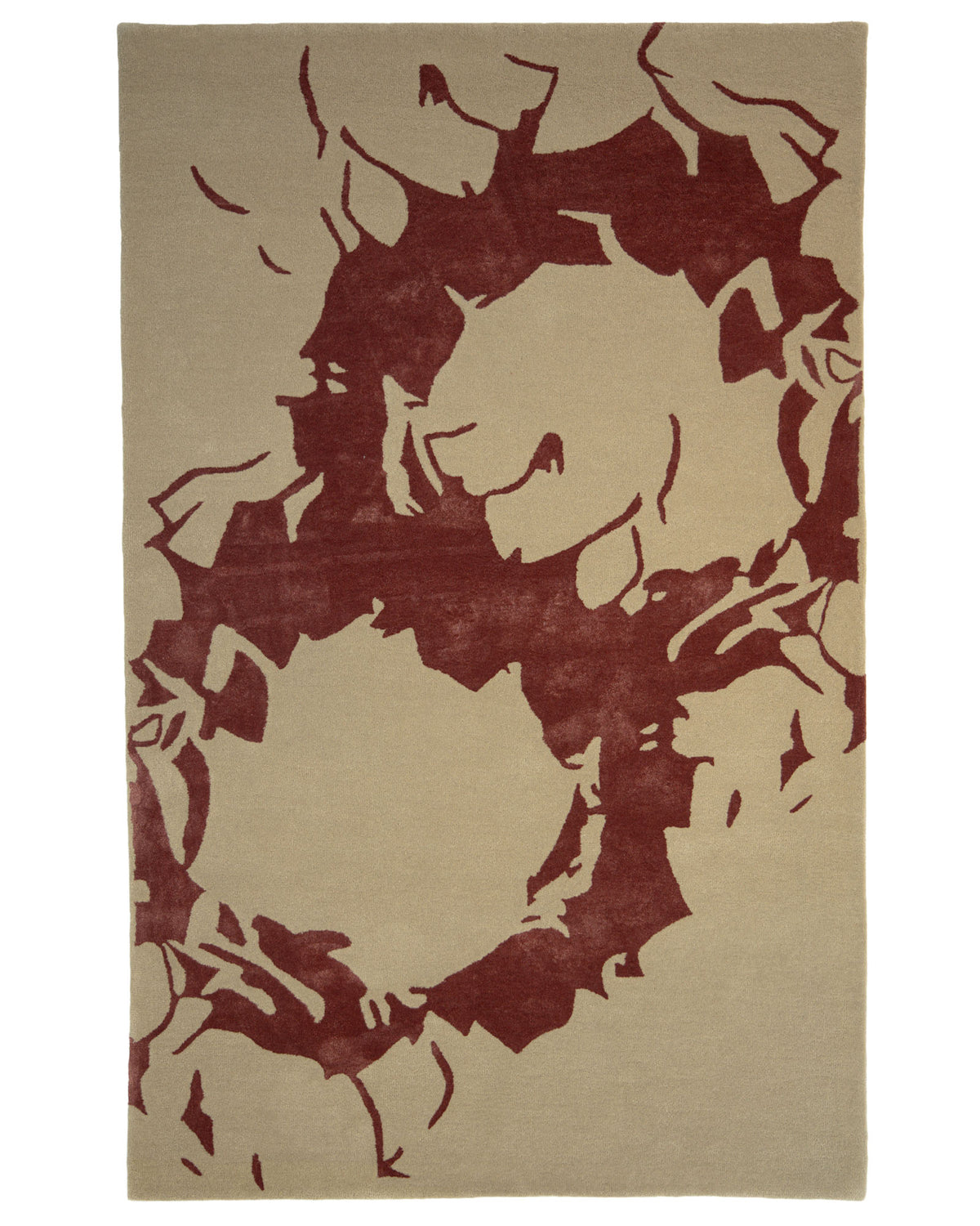 The RAMSHA HOME Abstract Burgundy Floral Rug – Modern Artistic Design (153x245 cm, CNZT 16) features a rectangular beige surface adorned with large, abstract maroon floral patterns for a bold and contemporary look.
