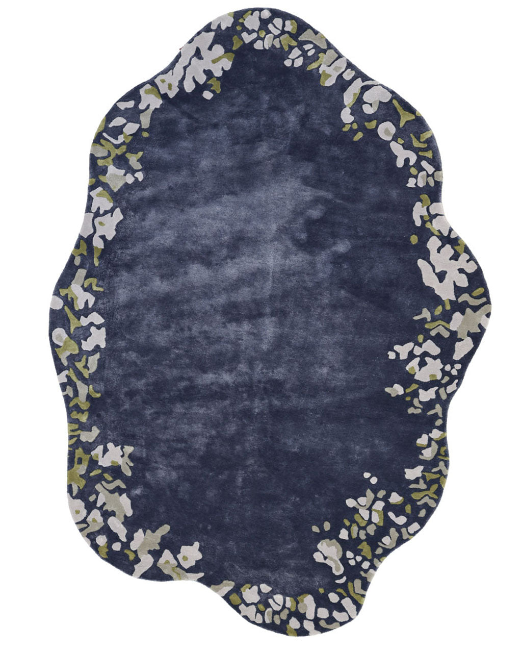 The RAMSHA HOME Navy Blue Viscose Shaped Handmade Carpet 200x300 - HTV-23 features an irregular, hand-tufted form with a wavy outline and showcases an abstract pattern in white, gray, and olive green along the edges.