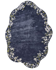 The RAMSHA HOME Navy Blue Viscose Shaped Handmade Carpet 200x300 - HTV-23 features an irregular, hand-tufted form with a wavy outline and showcases an abstract pattern in white, gray, and olive green along the edges.