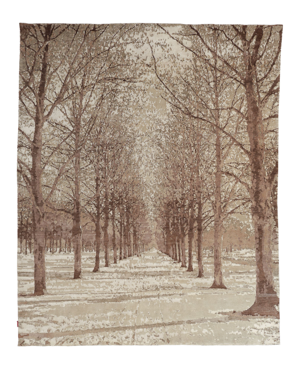 The RAMSHA HOME Hand-Knotted Woodland Bamboo Silk & NZ Wool Rug (HKWB-04, 240x300 CM) showcases a realistic beige and brown tree-lined pathway in winter, with bare branches and a softly snow-dusted ground.